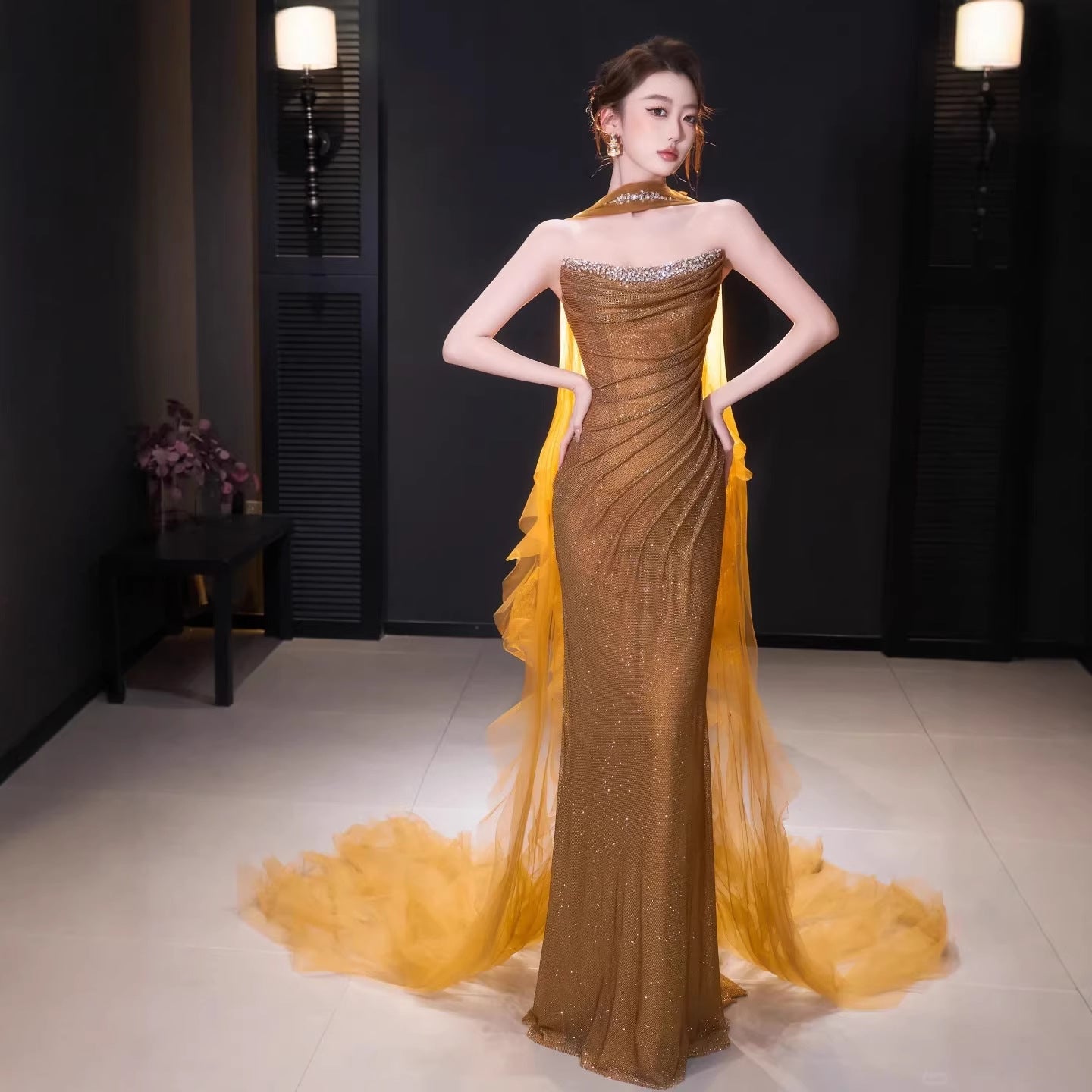 gold strapless mermaid prom dress Luxury Beaded Evening with Scarf LA73468 Gold / 2 Stylebuzz: Ditch the Red Sequin Hemline Color:Sunkist Coral Knit buyers picks