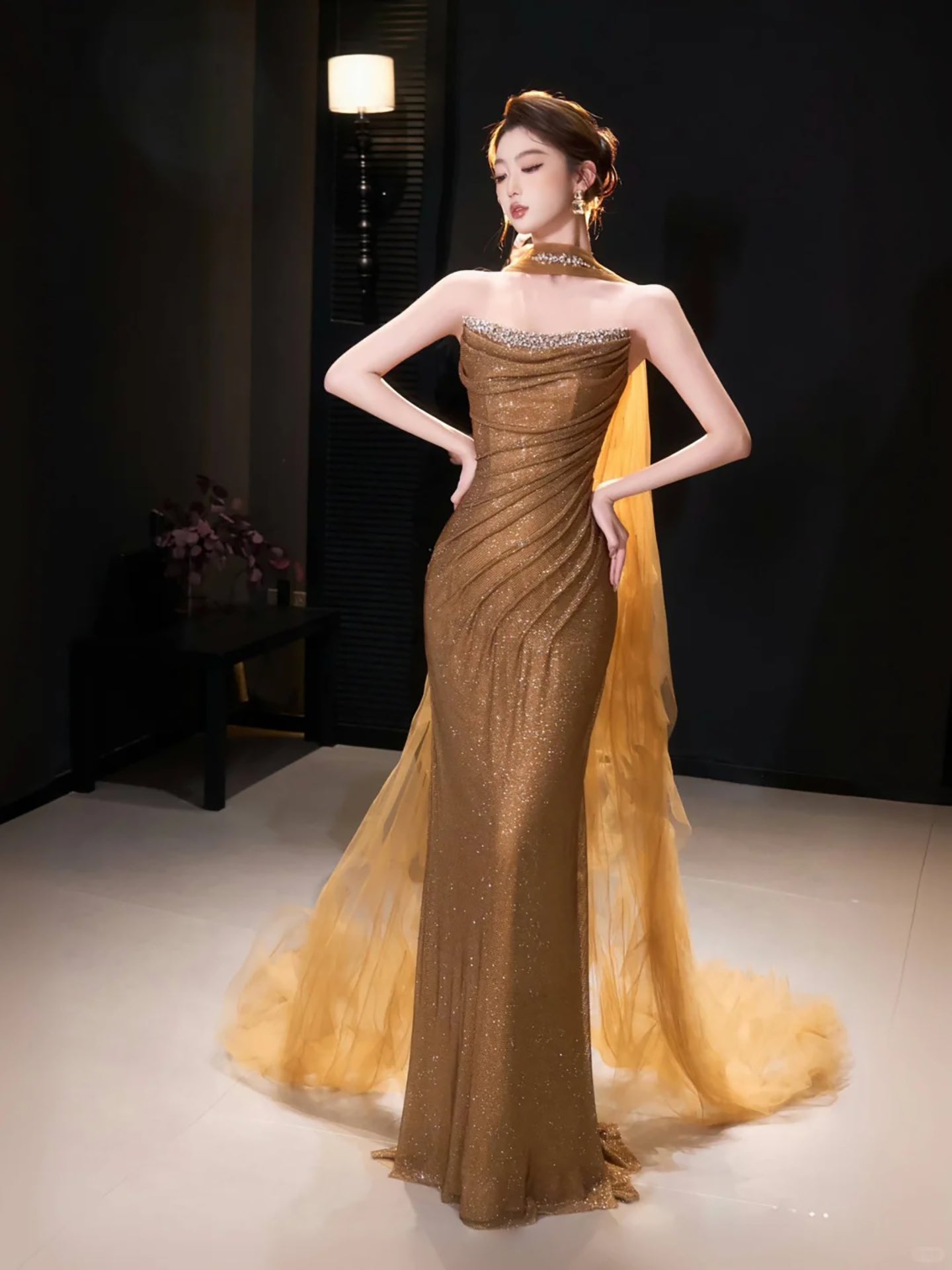 Luxury Gold Strapless Beaded Mermaid Evening Dress with Scarf LA73468 - SERENE HILL