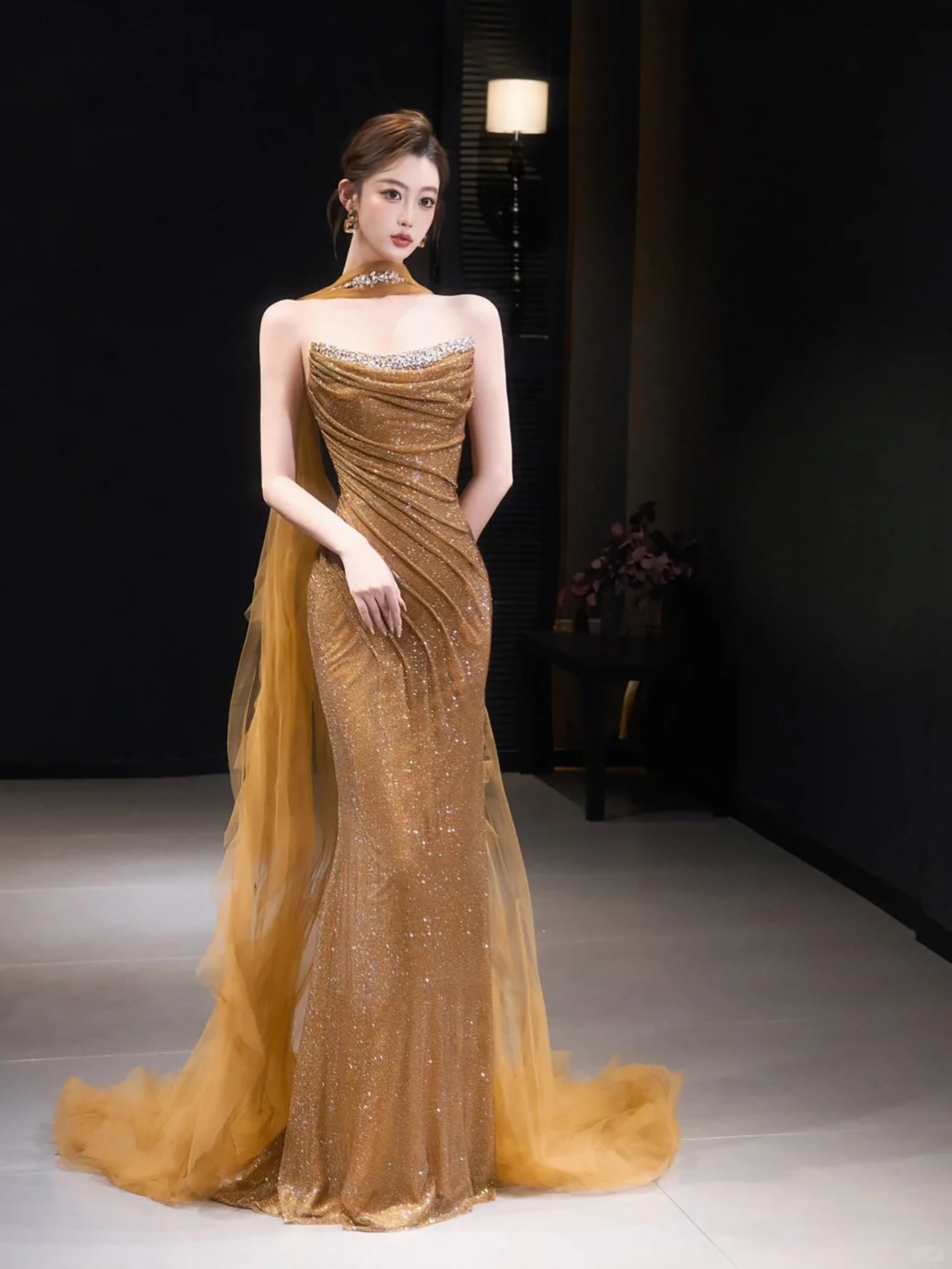Luxury Gold Strapless Beaded Mermaid Evening Dress with Scarf LA73468 - SERENE HILL