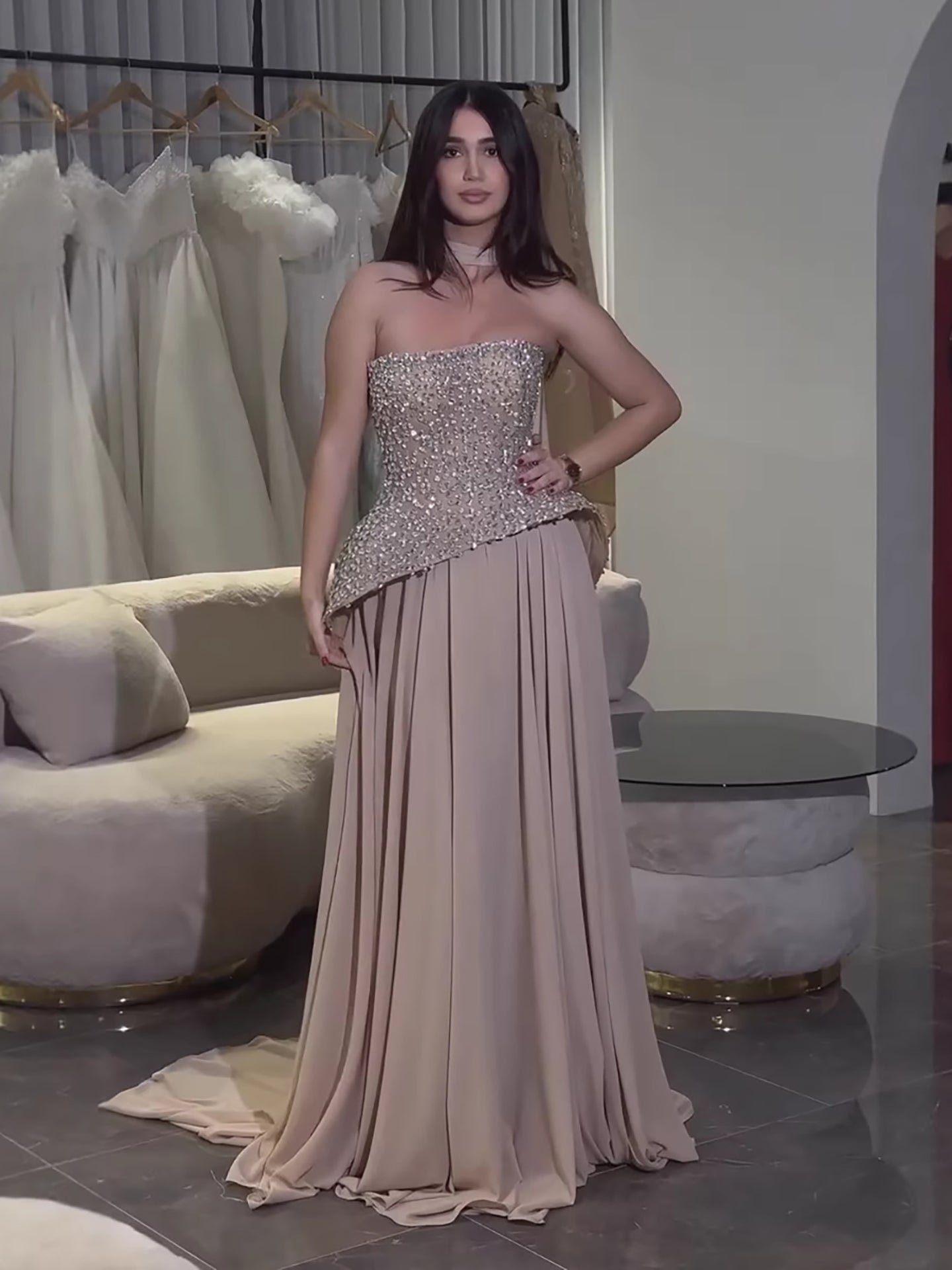 Luxury Designer Nude Beaded Chiffon Evening Dress With Scarf LA73469