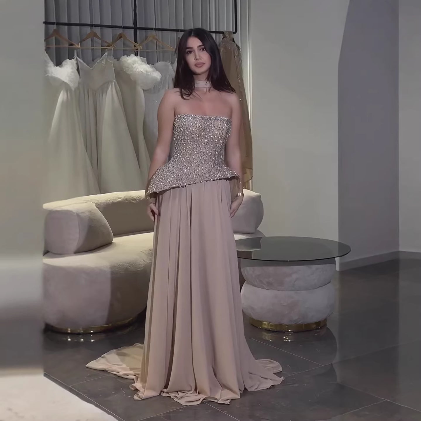 Luxury Designer Nude Beaded Chiffon Evening Dress With Scarf LA73469