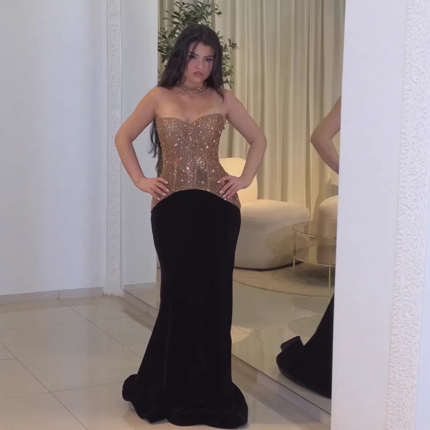 Luxury Gold Strapless Beaded Mermaid Evening Dress With Necklace LA73470 - Gold / 8 Luxury Gold Strapless Beaded Mermaid Evening Dress With Necklace LA73470 - Gold / 8