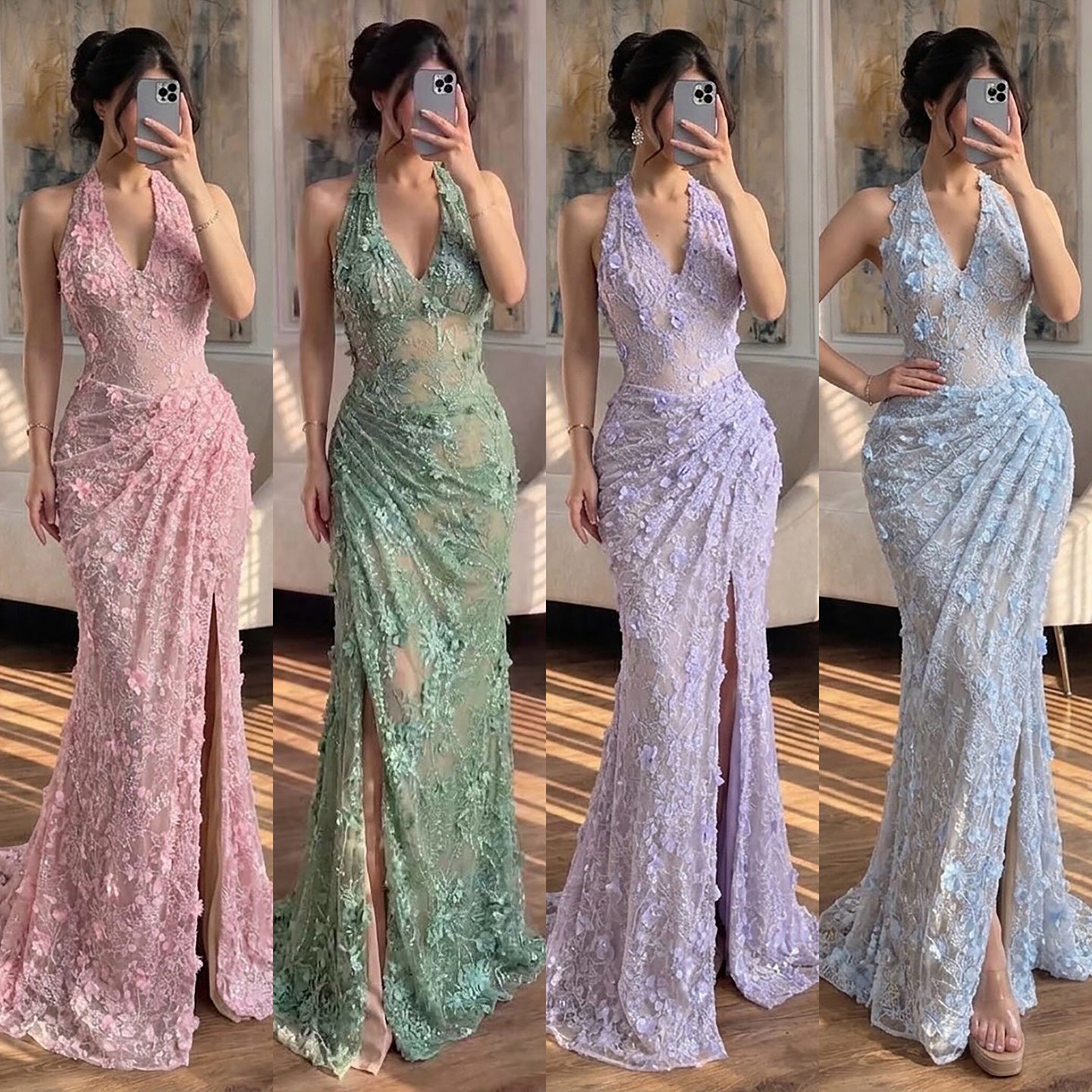 Luxury Sage Green 3D Flower Halter Evening Dress With Slit LA73472 SERENE HILL