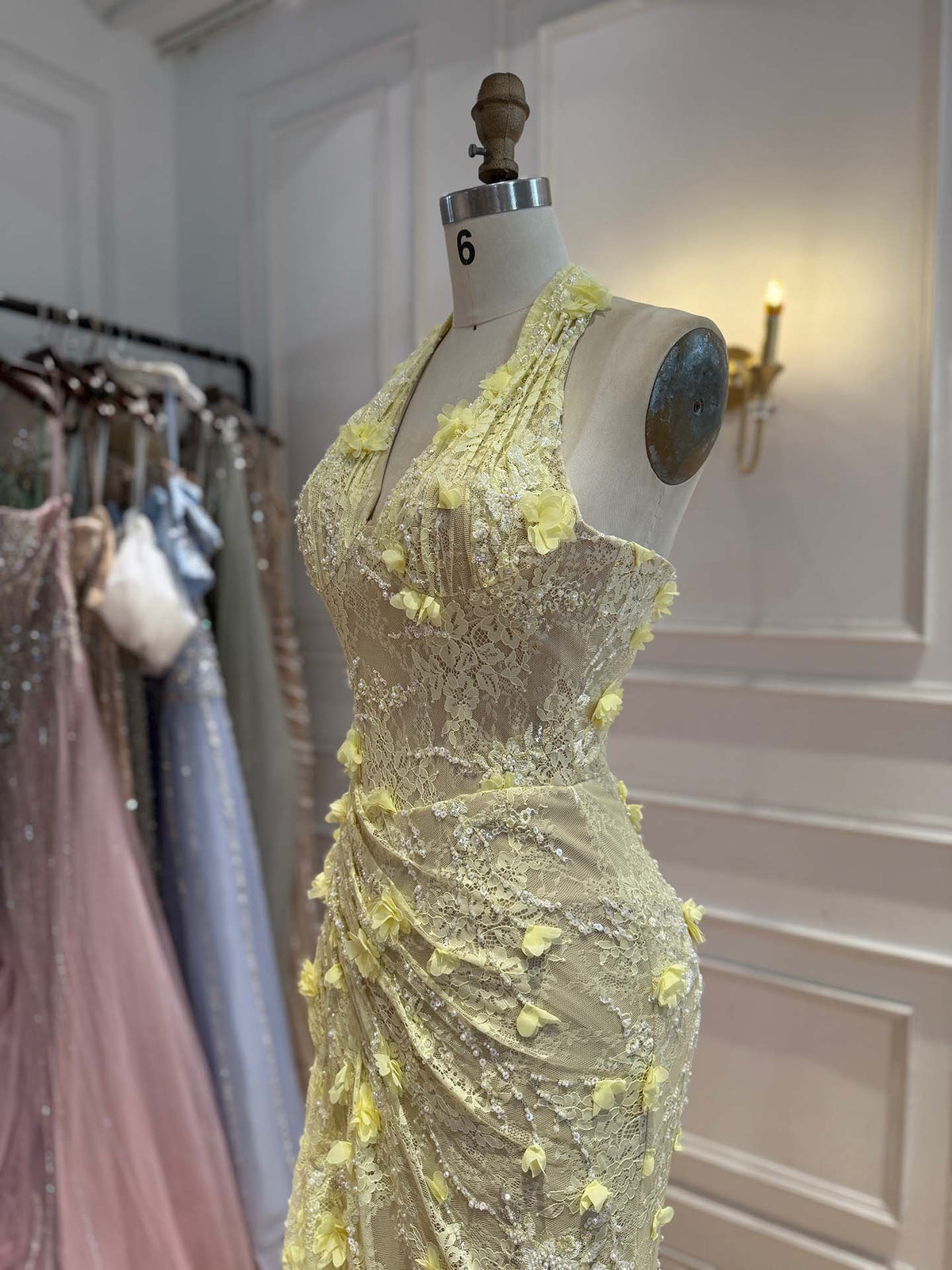 Luxury Sage Green 3D Flower Halter Evening Dress With Slit LA73472 SERENE HILL
