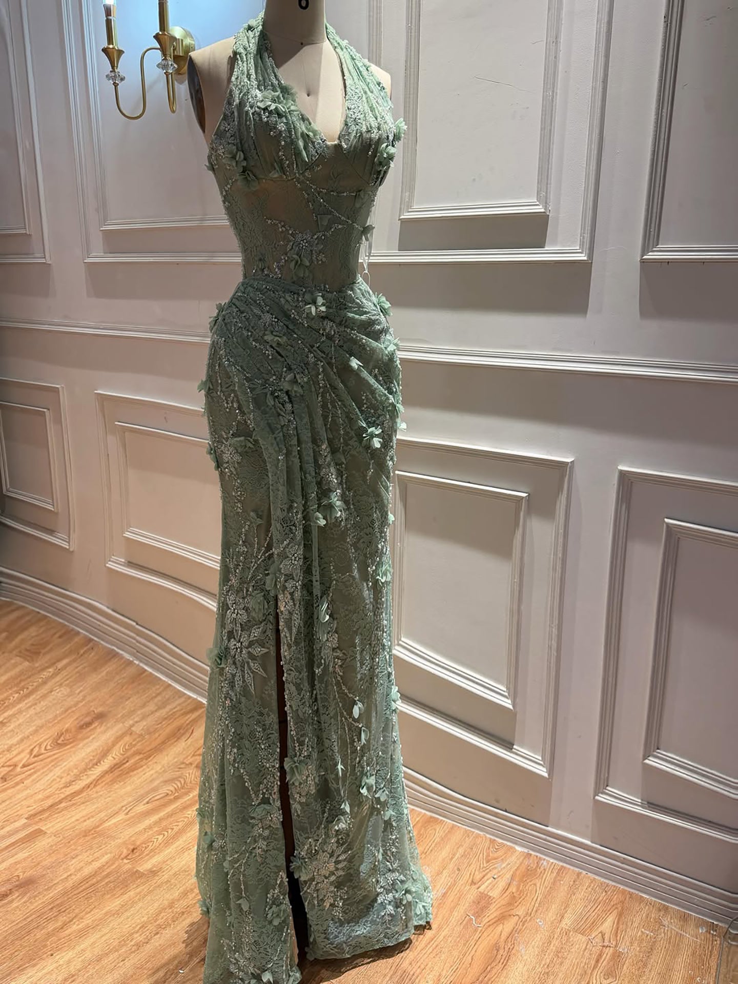 Luxury Sage Green 3D Flower Halter Evening Dress With Slit LA73472 SERENE HILL