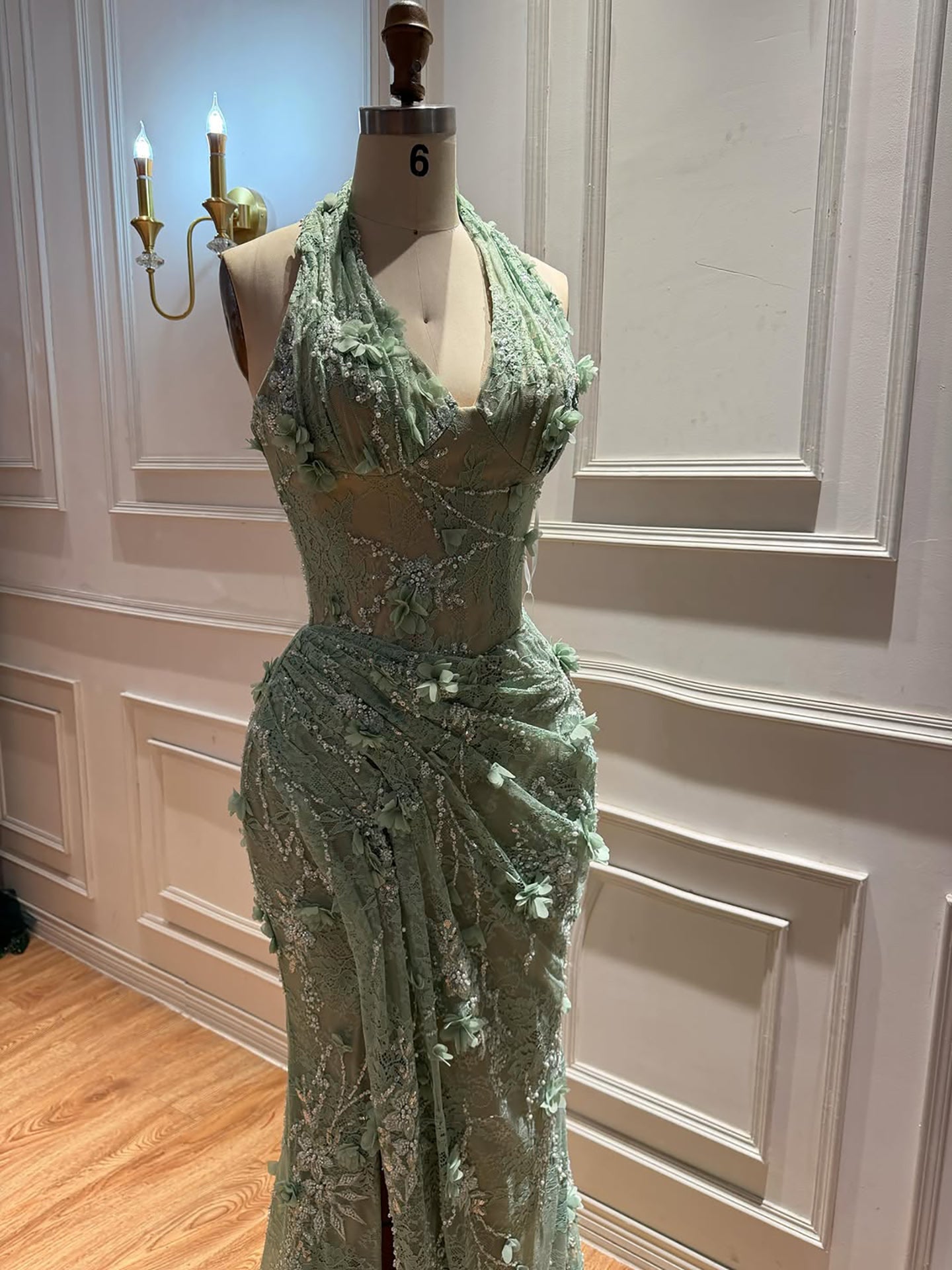Luxury Sage Green 3D Flower Halter Evening Dress With Slit LA73472 SERENE HILL