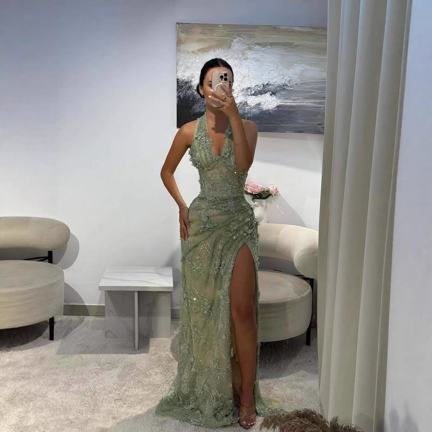 Luxury Sage Green 3D Flower Halter Evening Dress With Slit LA73472 - SERENE HILL