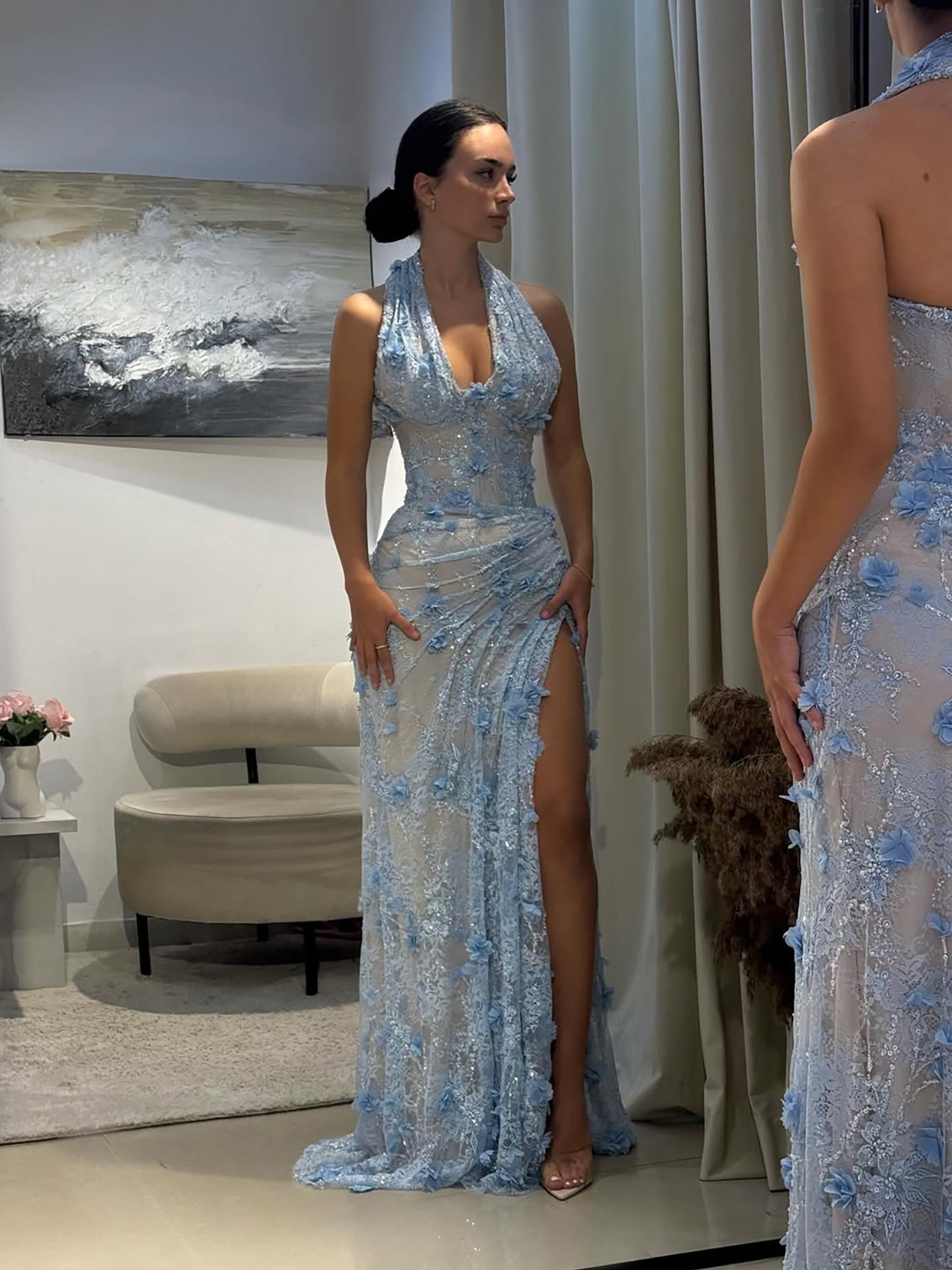 Luxury Sage Green 3D Flower Halter Evening Dress With Slit LA73472 - SERENE HILL