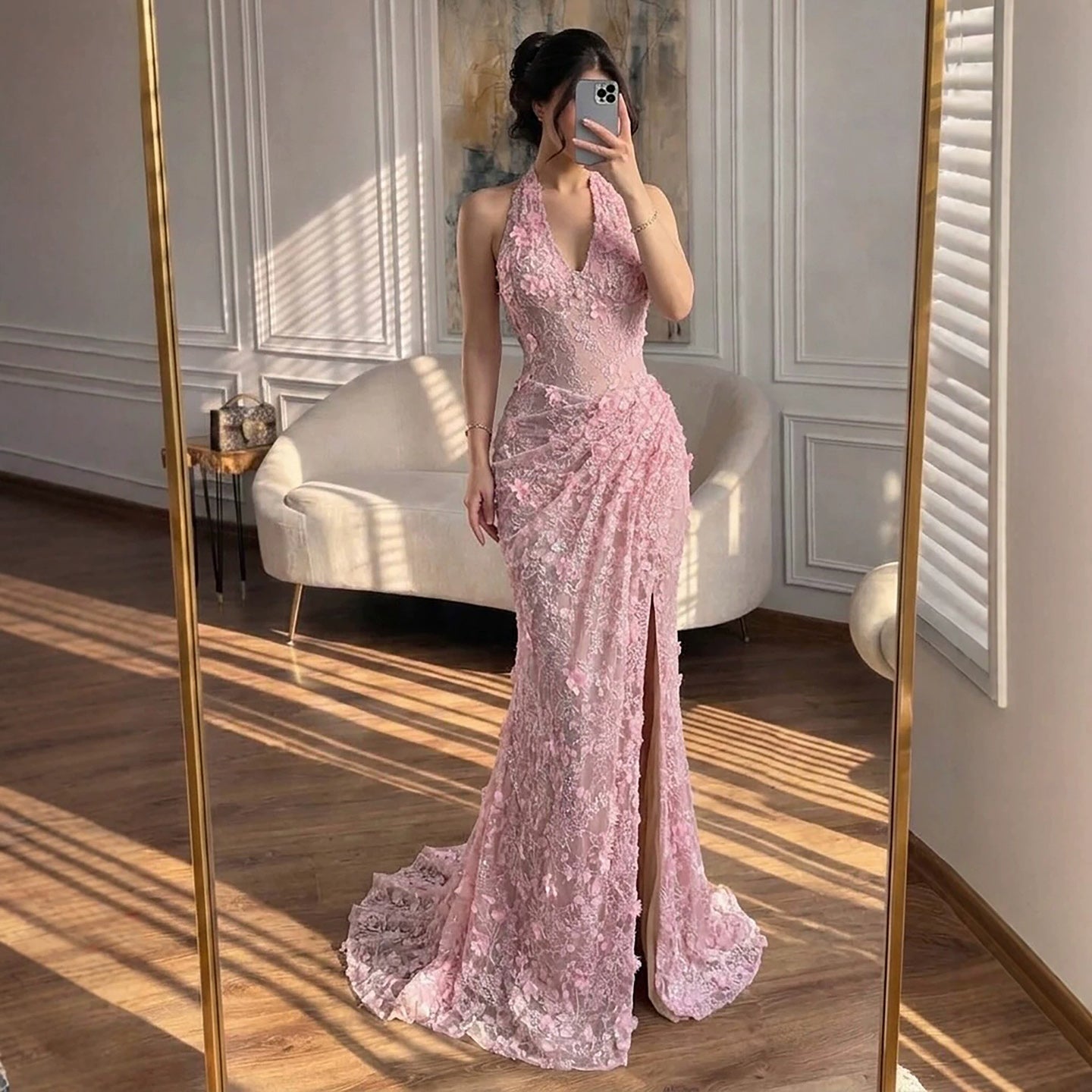 Luxury Sage Green 3D Flower Halter Evening Dress With Slit LA73472 SERENE HILL