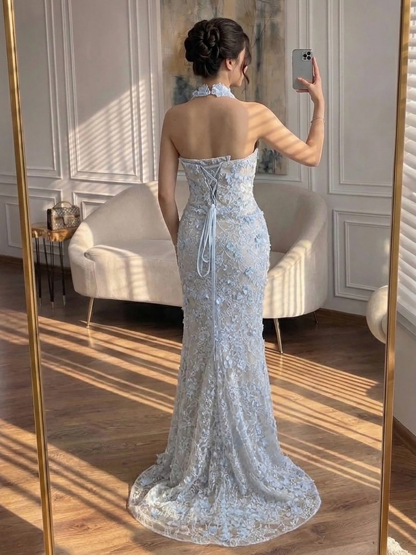 Luxury Sage Green 3D Flower Halter Evening Dress With Slit LA73472 SERENE HILL