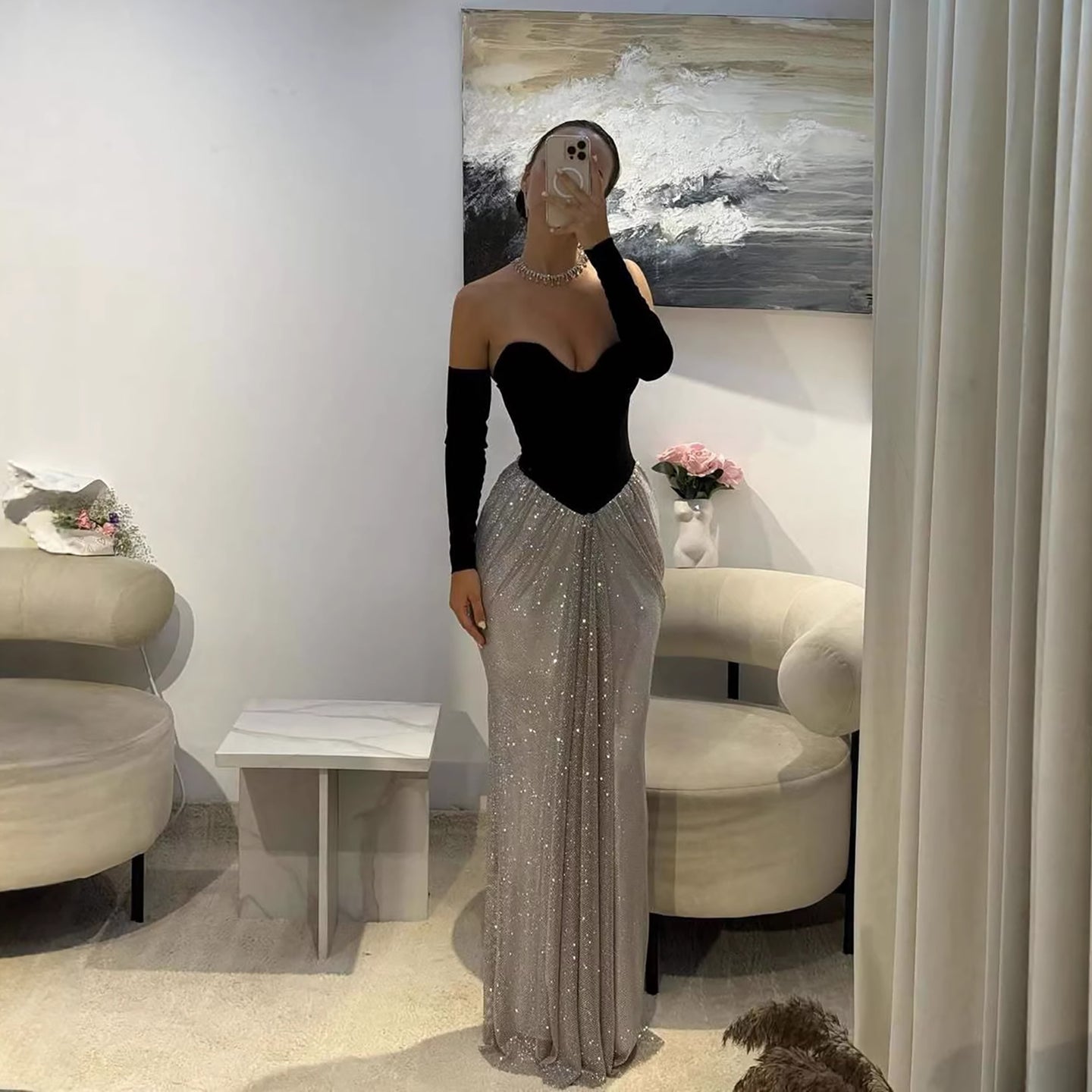 silver dress with gloves Silver draped dress with chains and gloves
