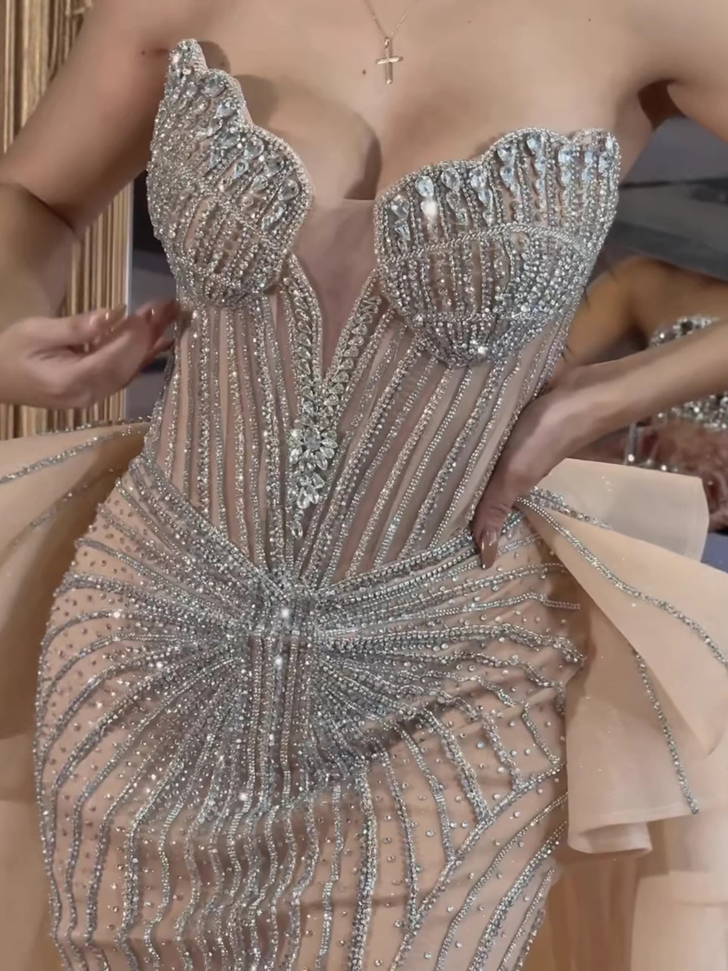 Luxury Nude Saudi Crystal Beaded Mermaid Evening Dress With Overskirt LA73474 - SERENE HILL
