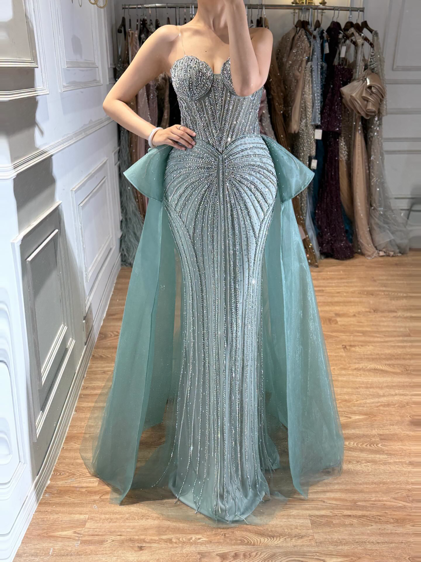 Luxury Nude Saudi Crystal Beaded Mermaid Evening Dress With Overskirt LA73474