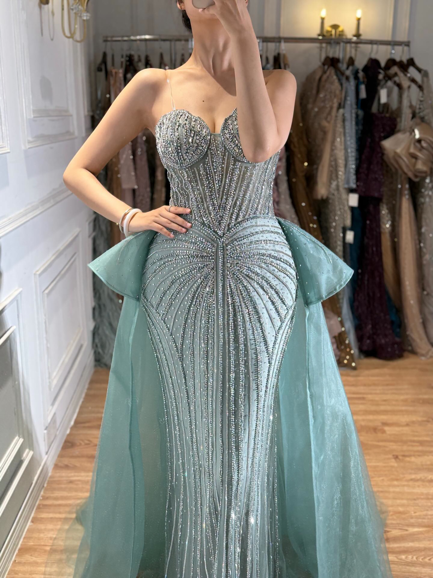 Luxury Nude Saudi Crystal Beaded Mermaid Evening Dress With Overskirt LA73474