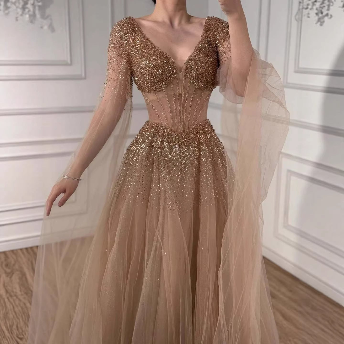 Luxury Caramel Beaded A-Line Evening Dress with Cape Sleeves LA73476