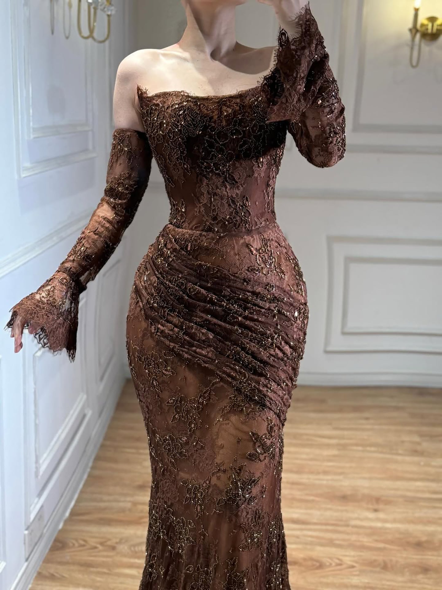 Luxury Arabic Saudi Coffee Lace Beaded Mermaid Evening Dress LA73484