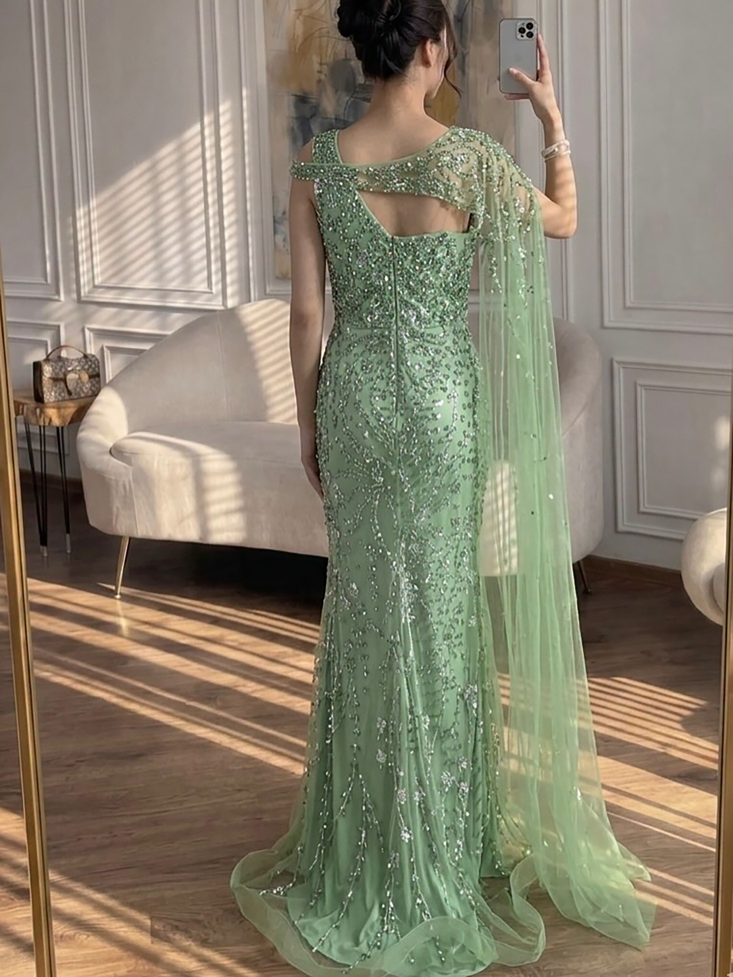 Luxury Green One Shoulder Crystal Beaded Mermaid Evening Dress With Cape LA73485