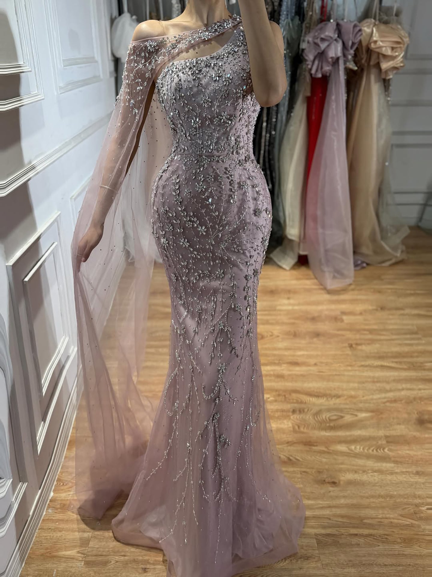 Luxury Nude Crystal Beaded One-Shoulder Mermaid Dress LA73485A SERENE HILL