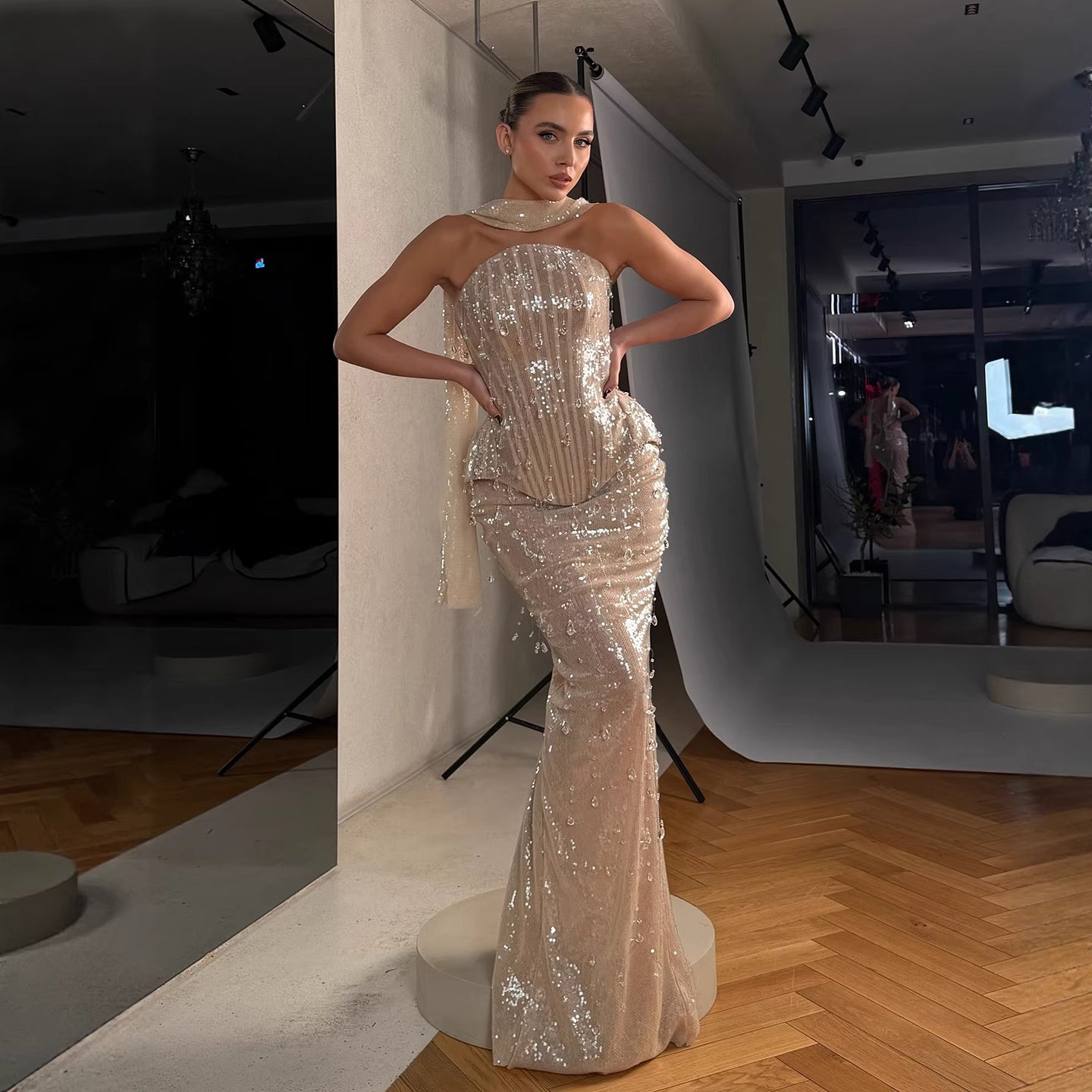 strapless formal dress with scarf Amoris -T732 Crepe Fitted Strapless Scarf Gown