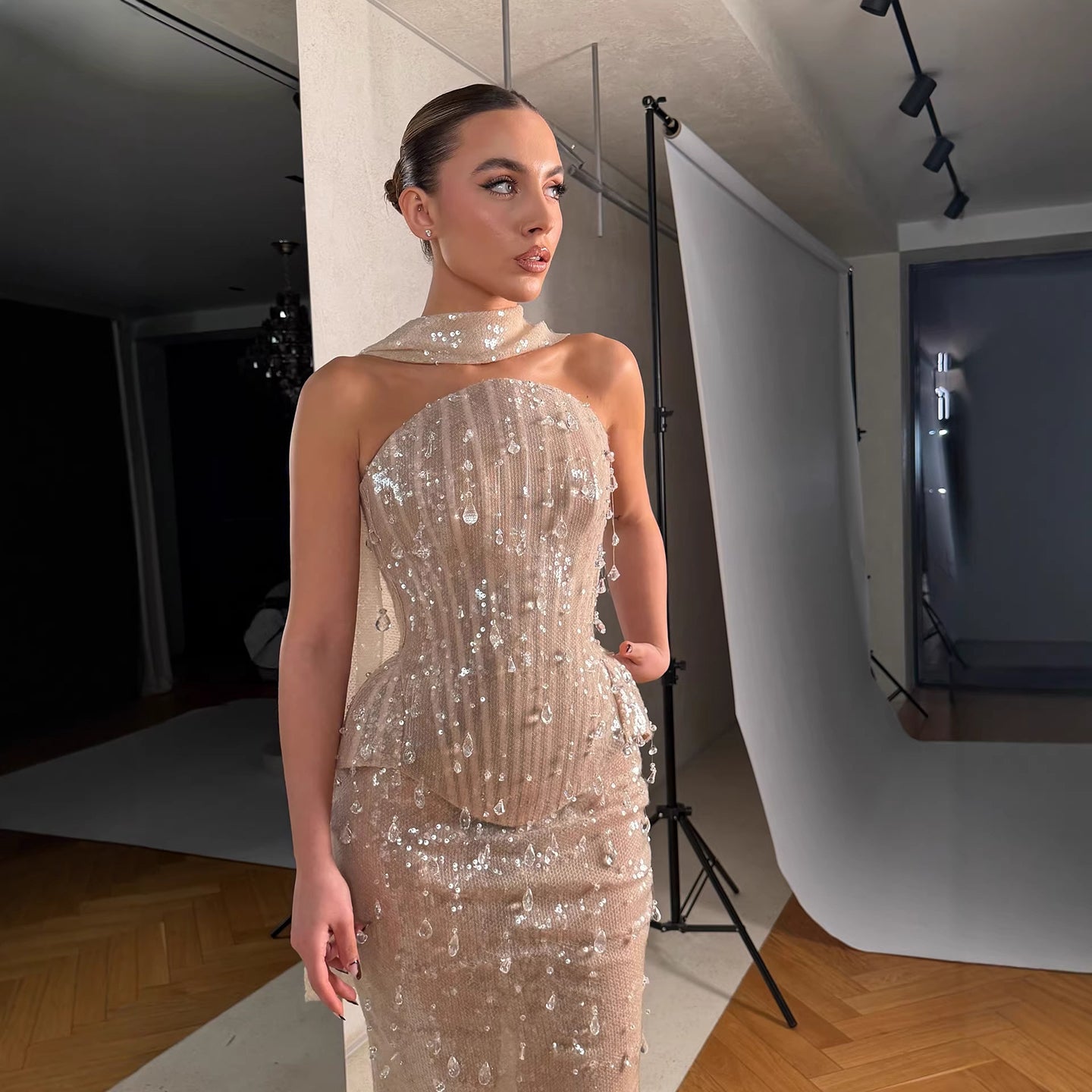 Luxury Champagne Strapless Beaded Mermaid Evening Dress With Scarf LA73488