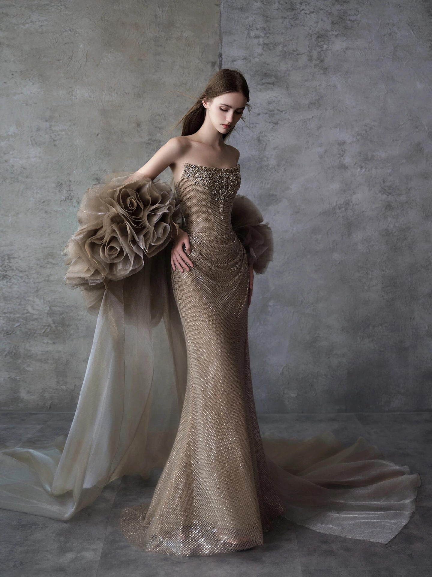Luxury Gold Strapless Crystal Beaded Mermaid Evening Dress With Cape LA73489A - SERENE HILL