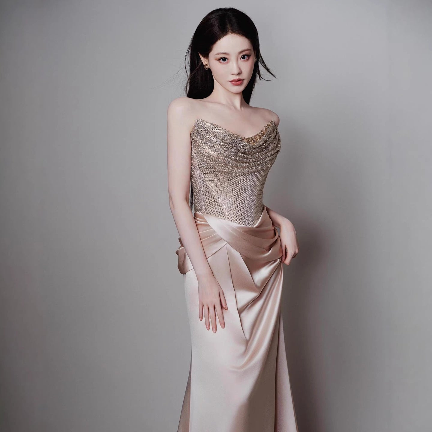 Luxury Champagne Beaded Mermaid Evening Dress With Scarf LA73490