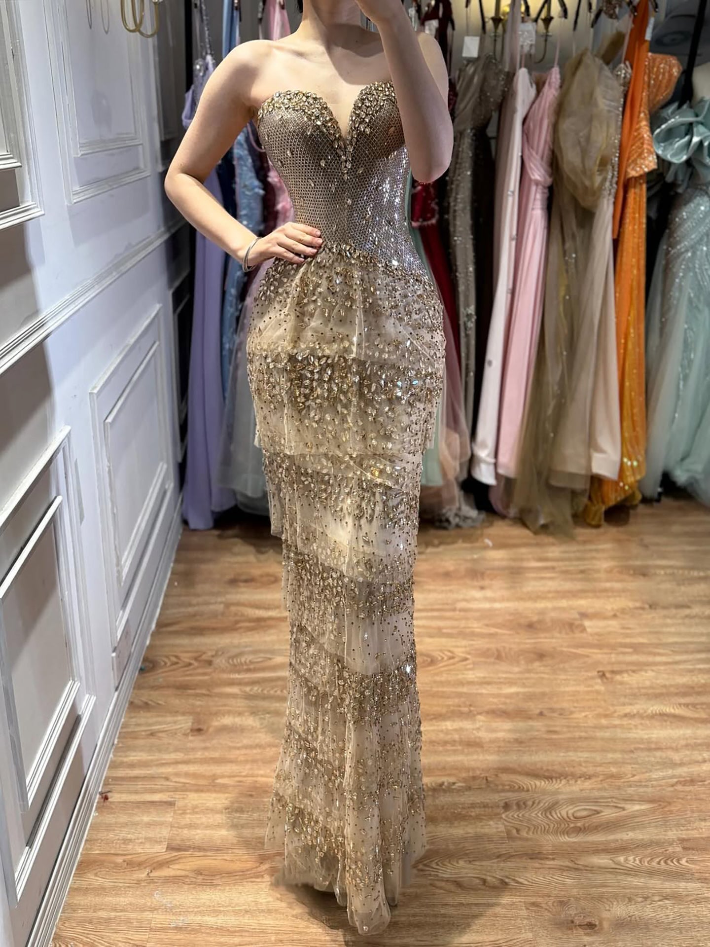 Luxury Arabic Gold Strapless Crystal Beaded Evening Dress LA73492