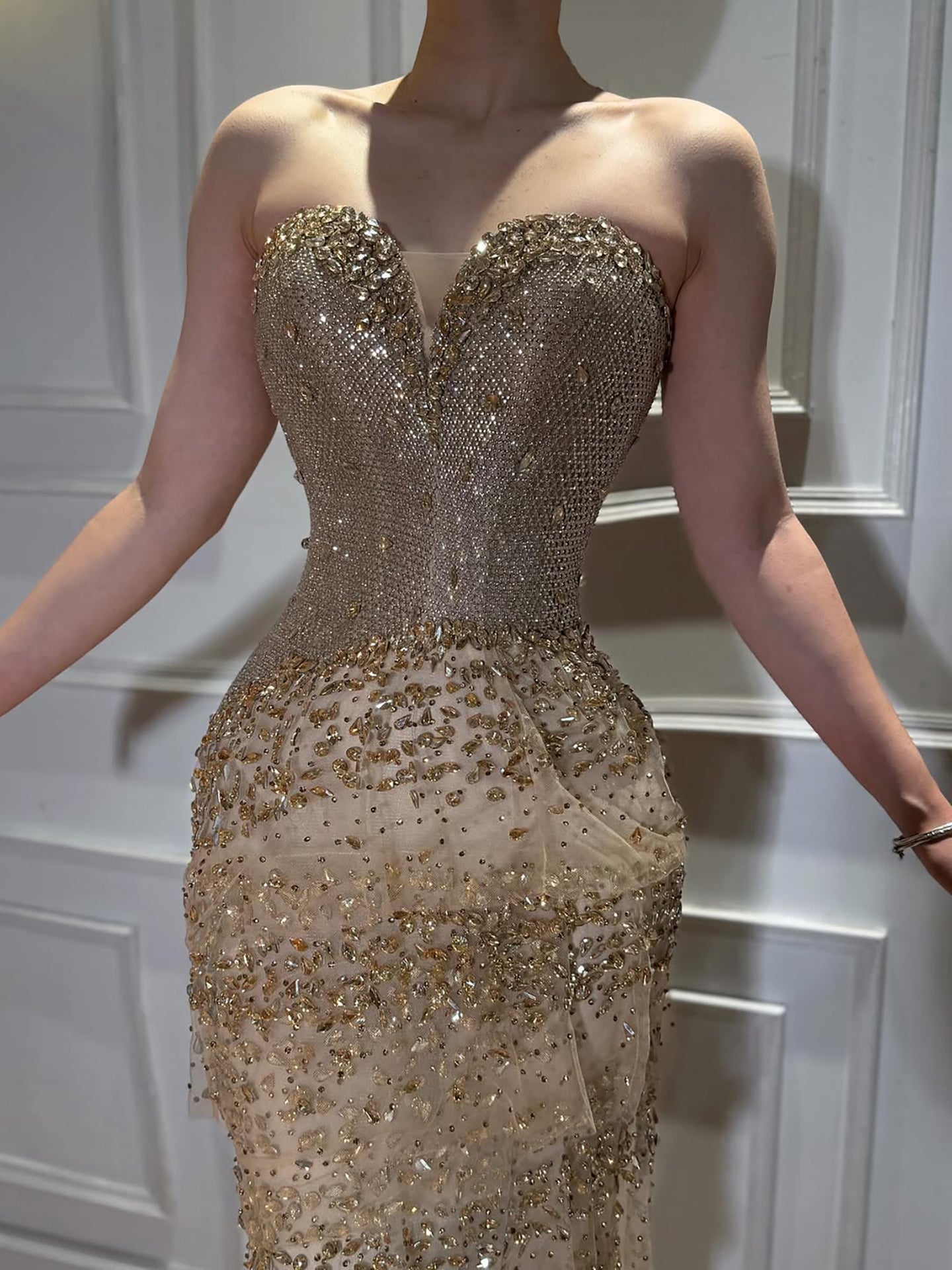 Luxury Arabic Gold Strapless Crystal Beaded Evening Dress LA73492