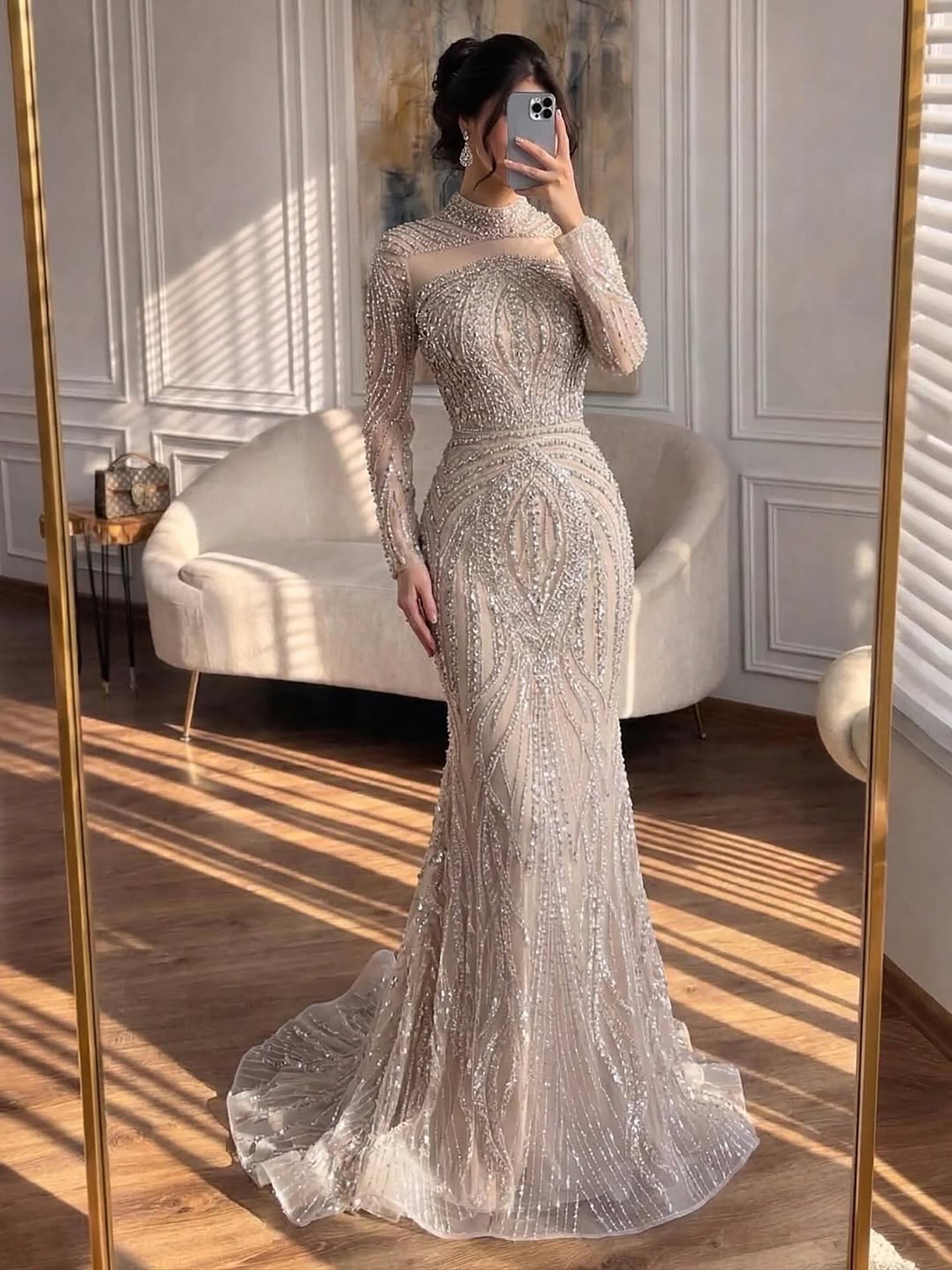 Luxury Nude Modest Long Sleeves Diamond Beaded Mermaid Evening Dress LA73504 - SERENE HILL