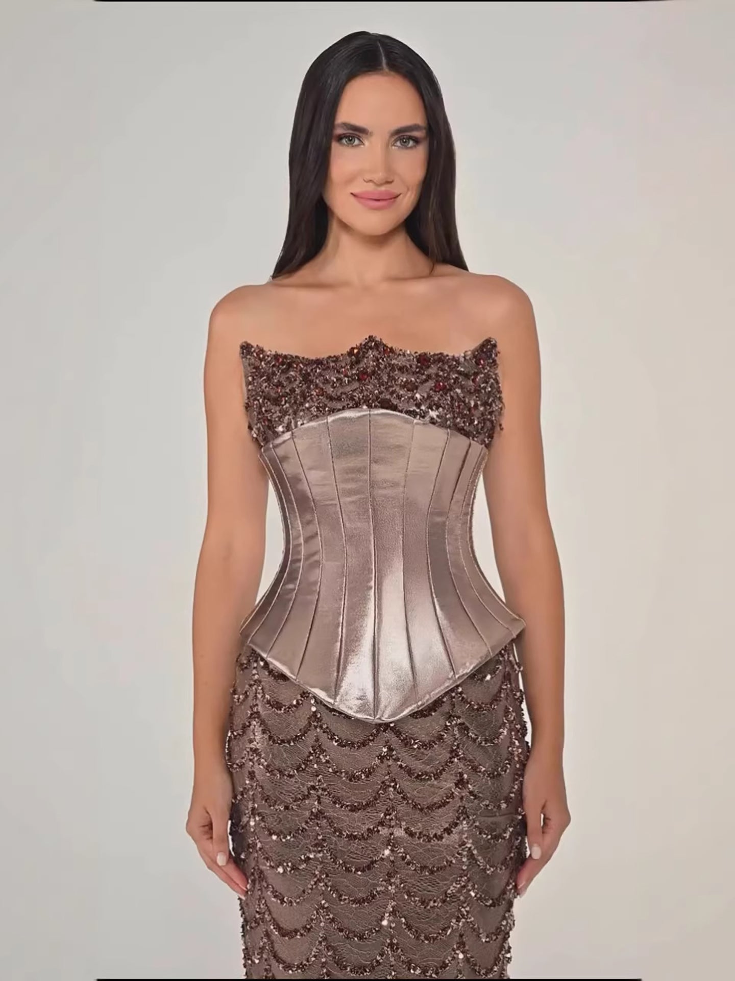 Luxury Coffee Strapless Beaded Corset Mermaid Evening Dress LA73505