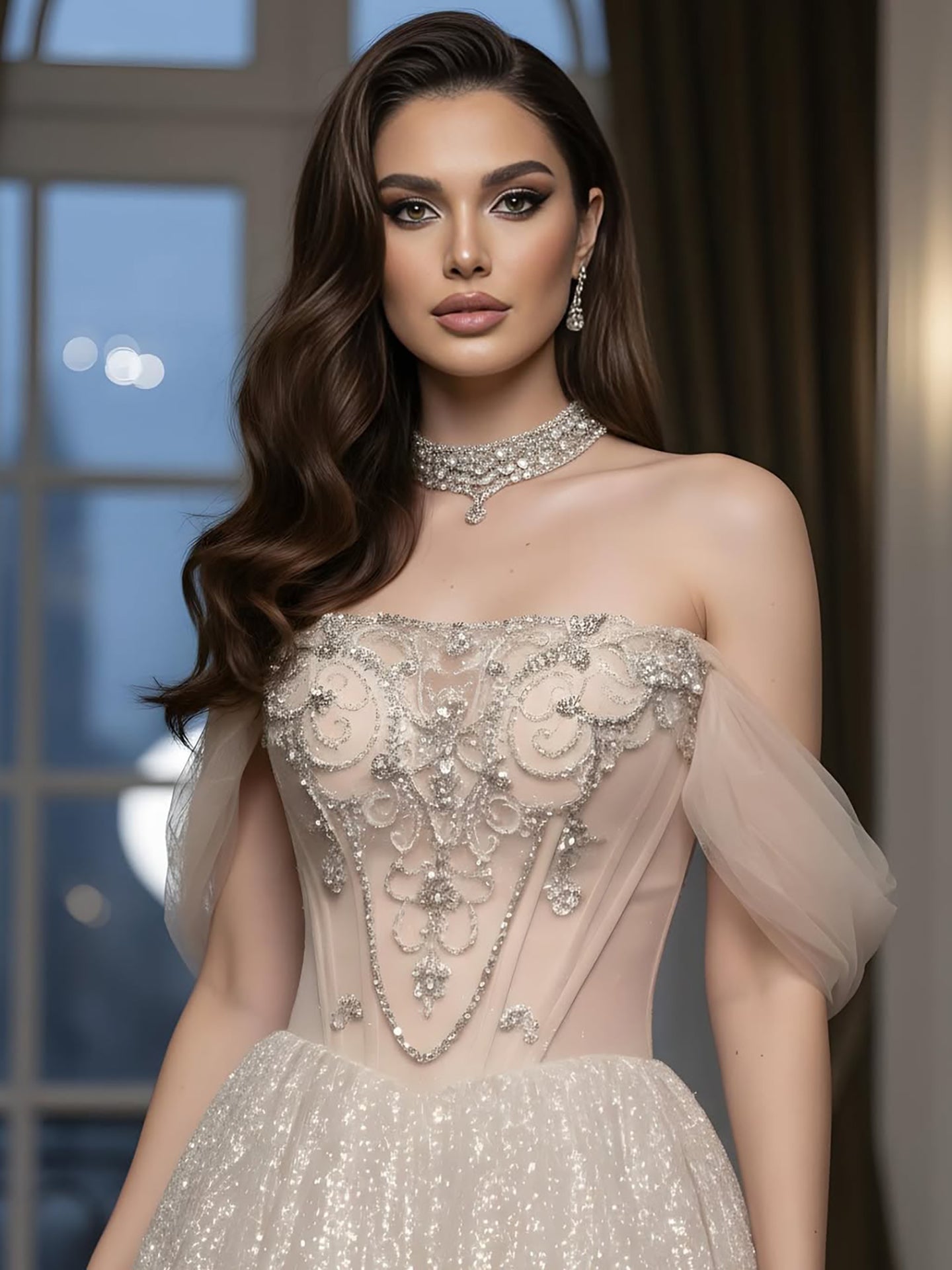 Luxury Beige Crystal Beaded A Line Evening Dress LA73506 - SERENE HILL