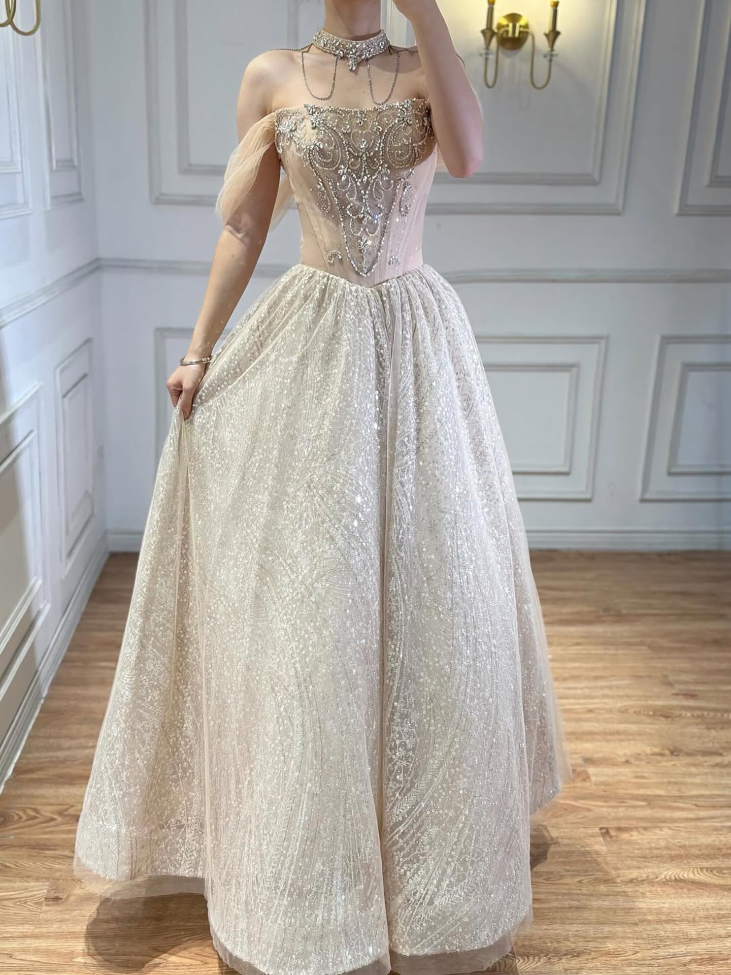 Luxury Beige Crystal Beaded A Line Evening Dress LA73506 - SERENE HILL