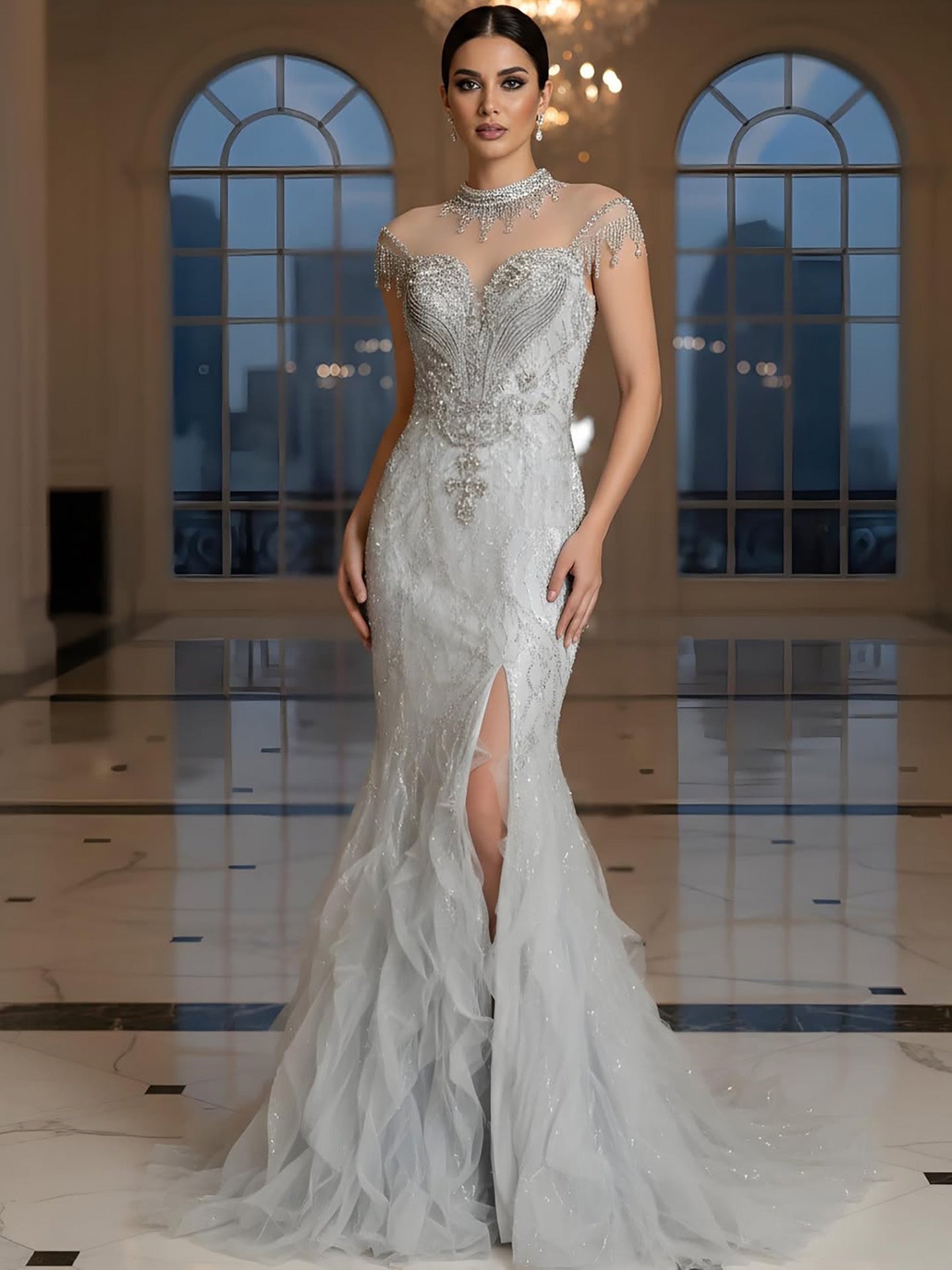 Luxury Gray Crystal Beaded Mermaid Evening Dress With Slit LA73507