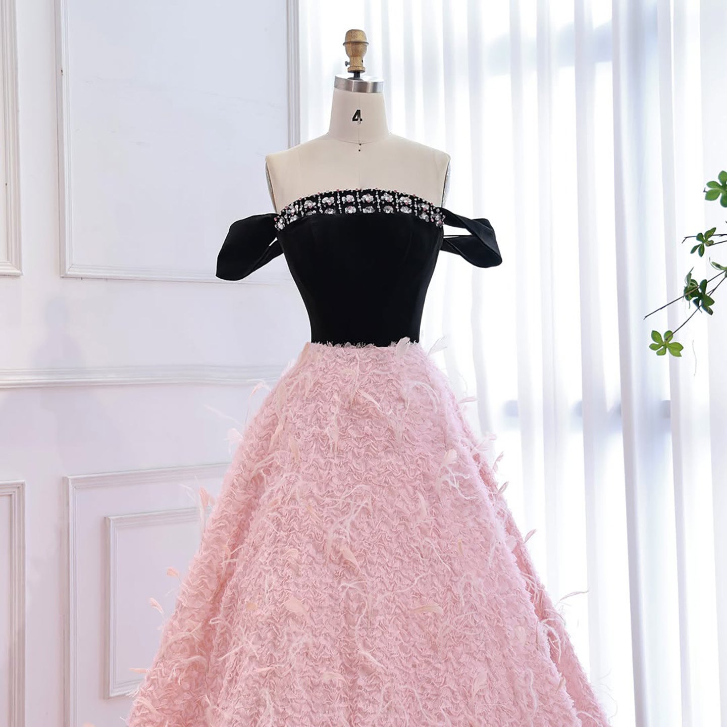 Luxury Pink Beaded Feather A-Line Off-Shoulder Evening Dress LA73510 - SERENE HILL