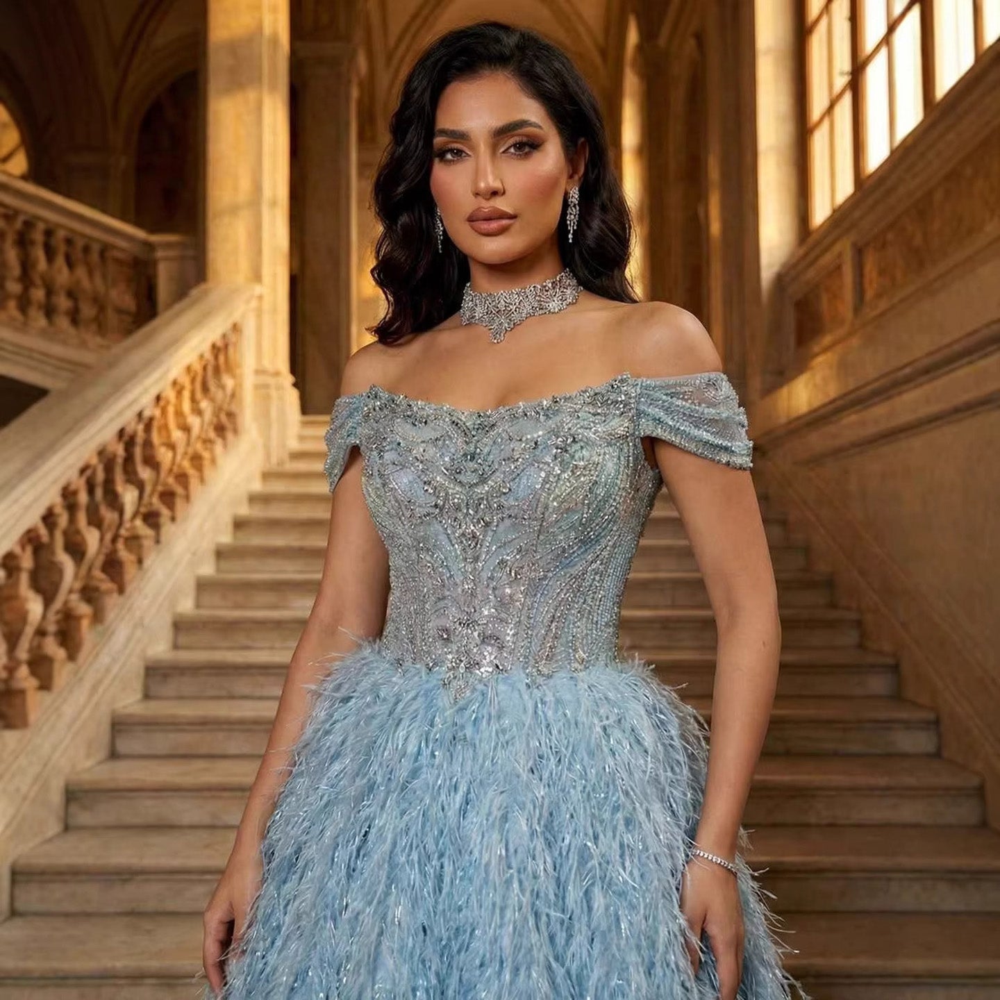 Luxury Blue A Line Feather Ball Gown Beaded Evening Dress LA73511 - SERENE HILL