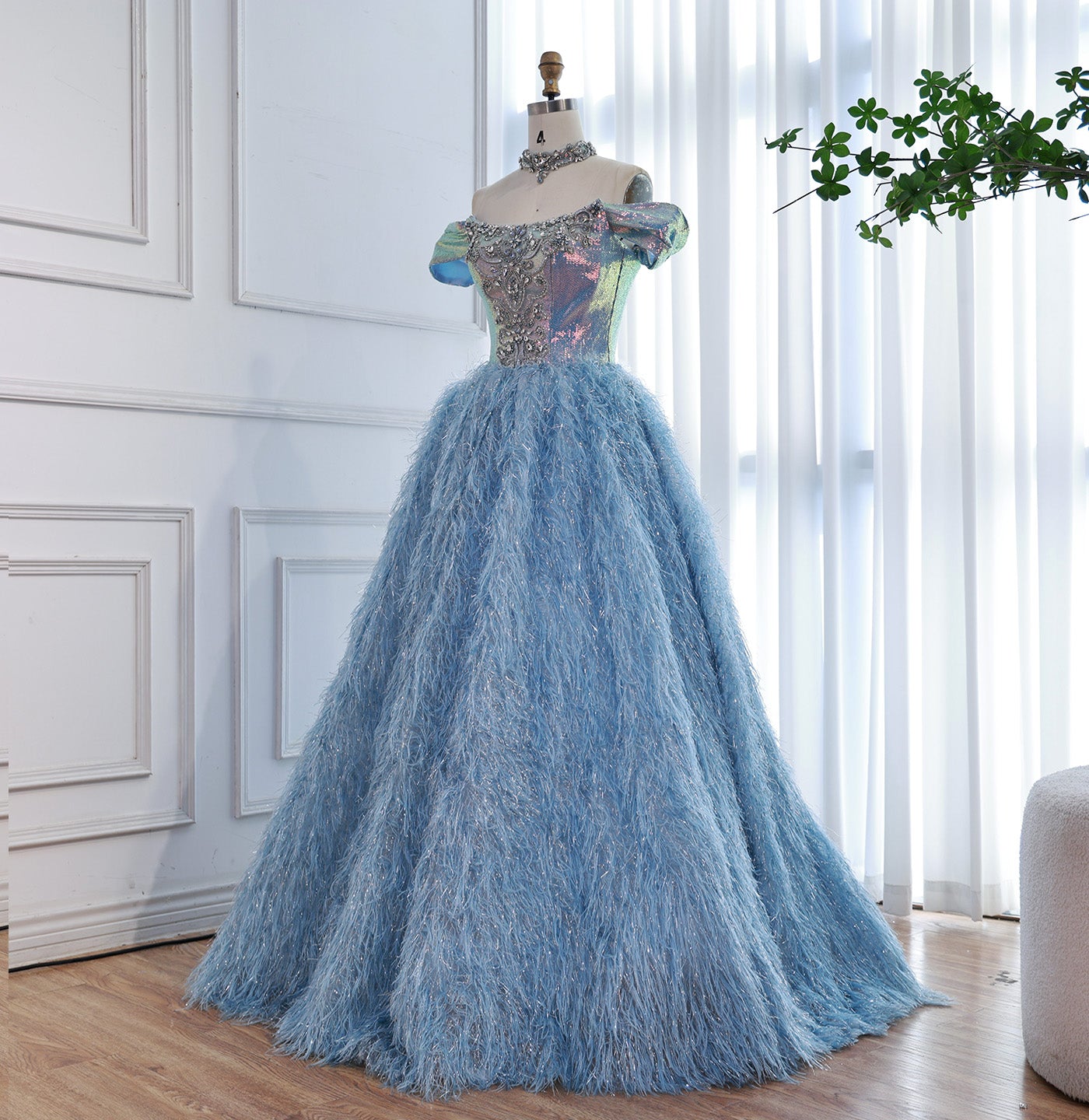 Luxury Blue A Line Feather Ball Gown Beaded Evening Dress LA73511 - SERENE HILL