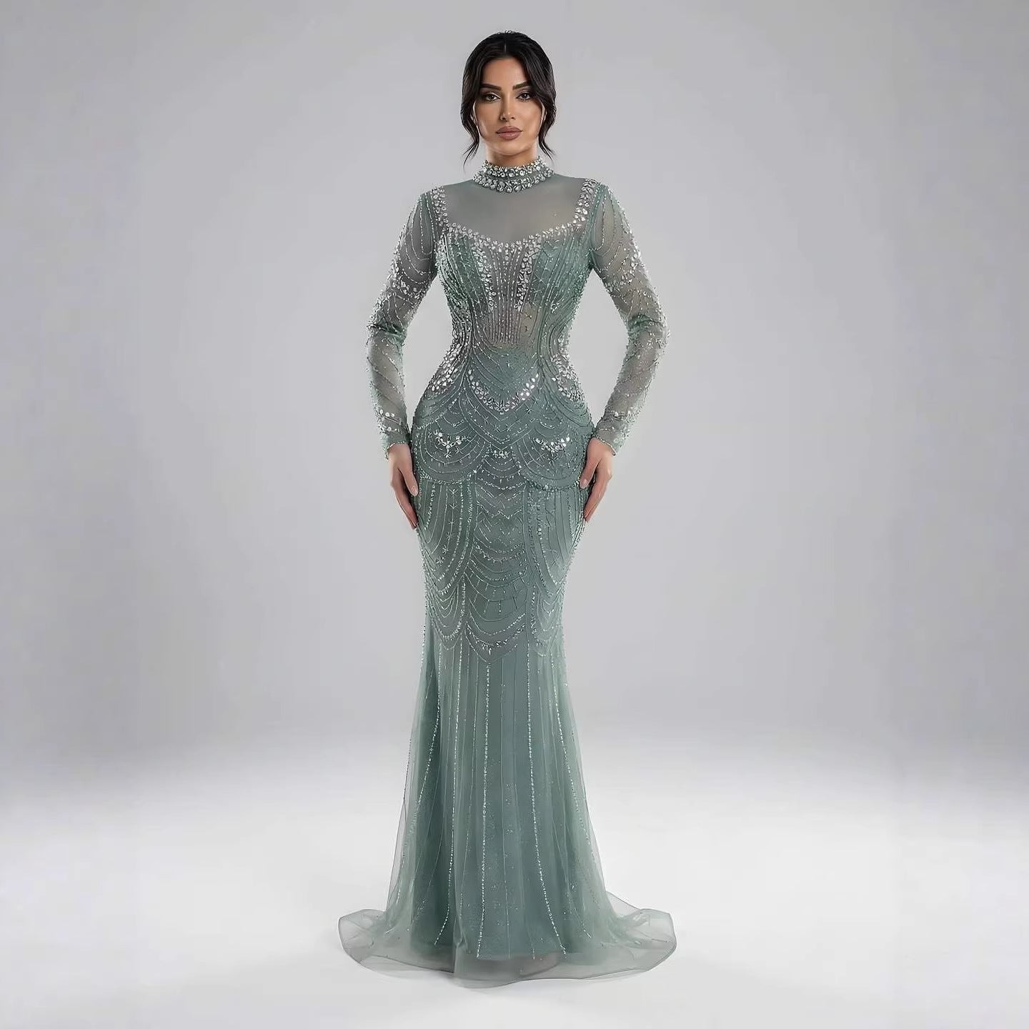 Luxury Nude Modest High Neck Long Sleeves Beaded Mermaid Evening Dress LA73519