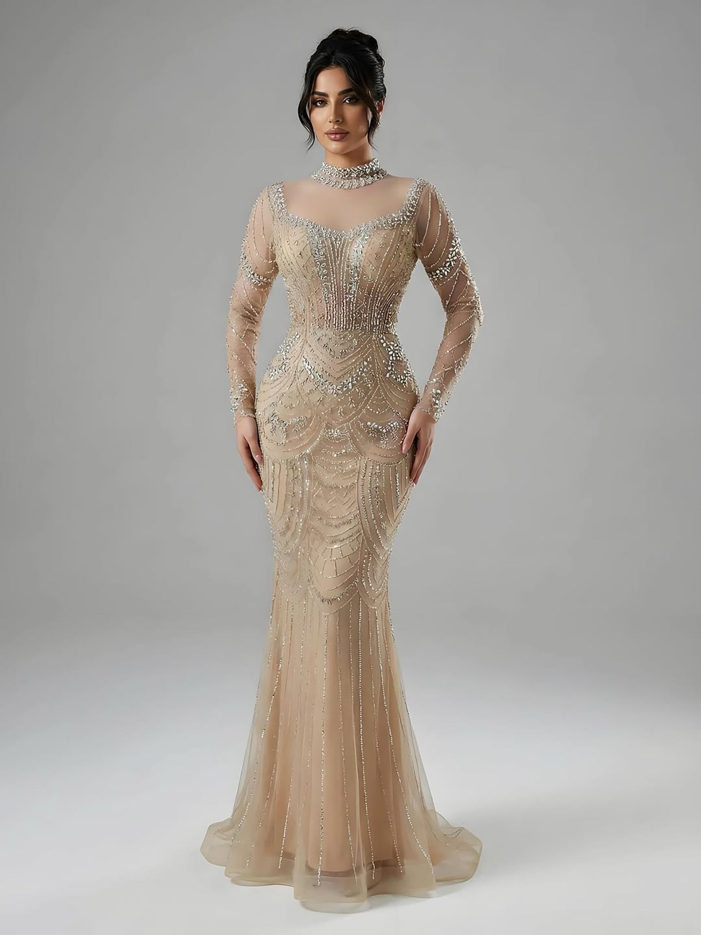 Luxury Nude Modest High Neck Long Sleeves Beaded Mermaid Evening Dress LA73519
