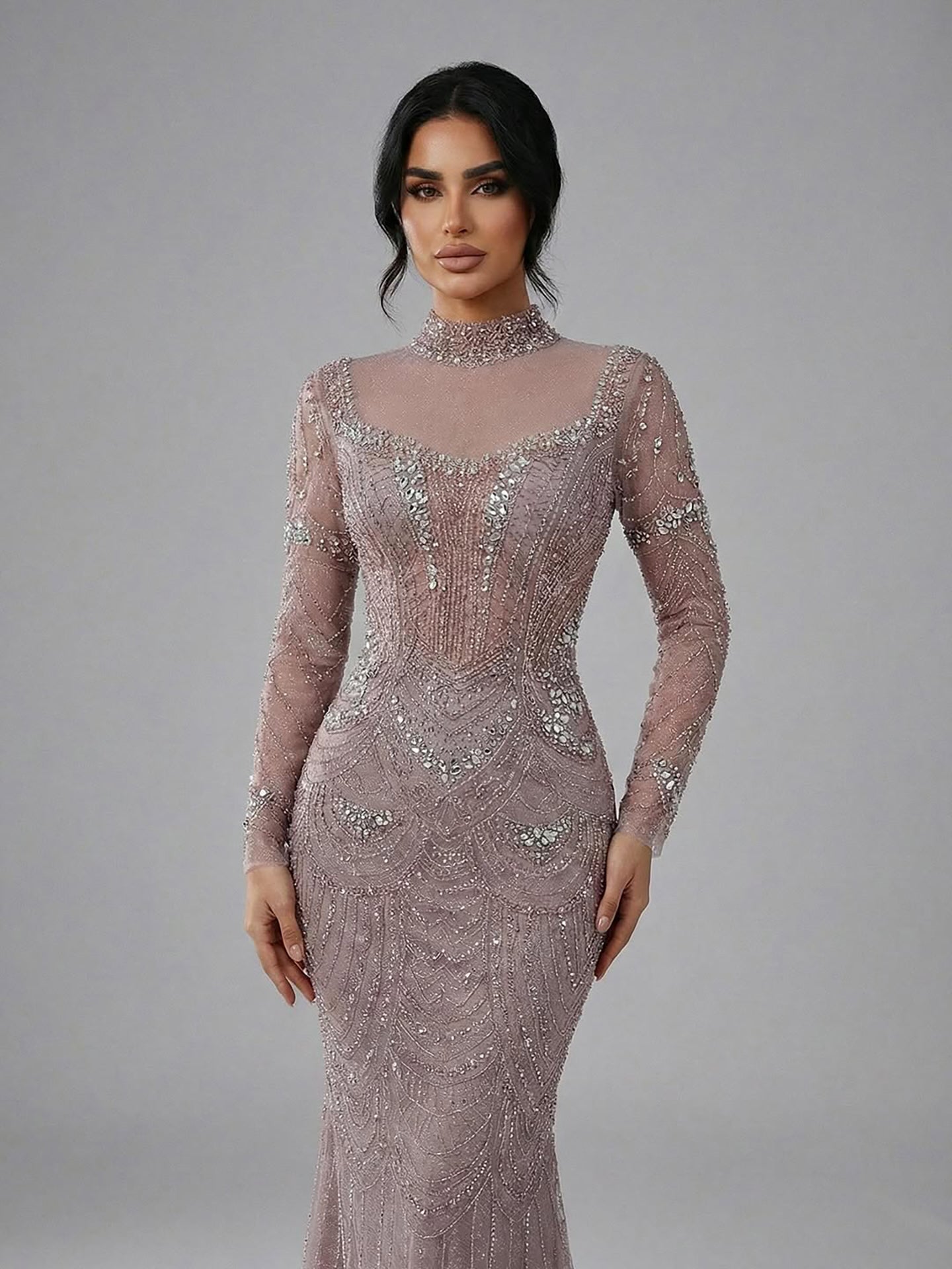 Luxury Nude Modest High Neck Long Sleeves Beaded Mermaid Evening Dress LA73519
