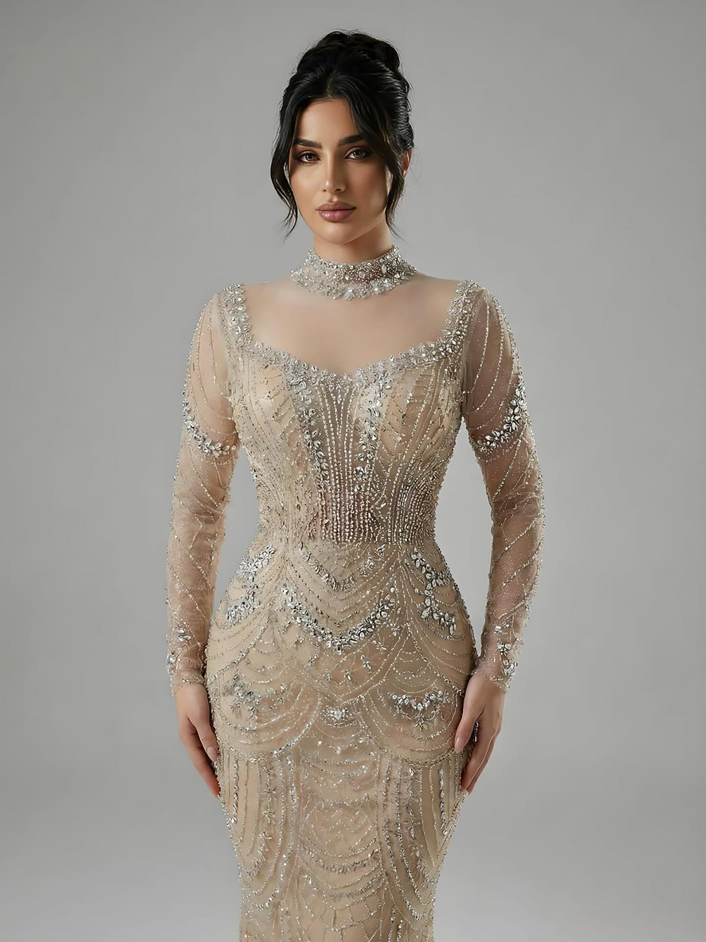 Luxury Nude Modest High Neck Long Sleeves Beaded Mermaid Evening Dress LA73519