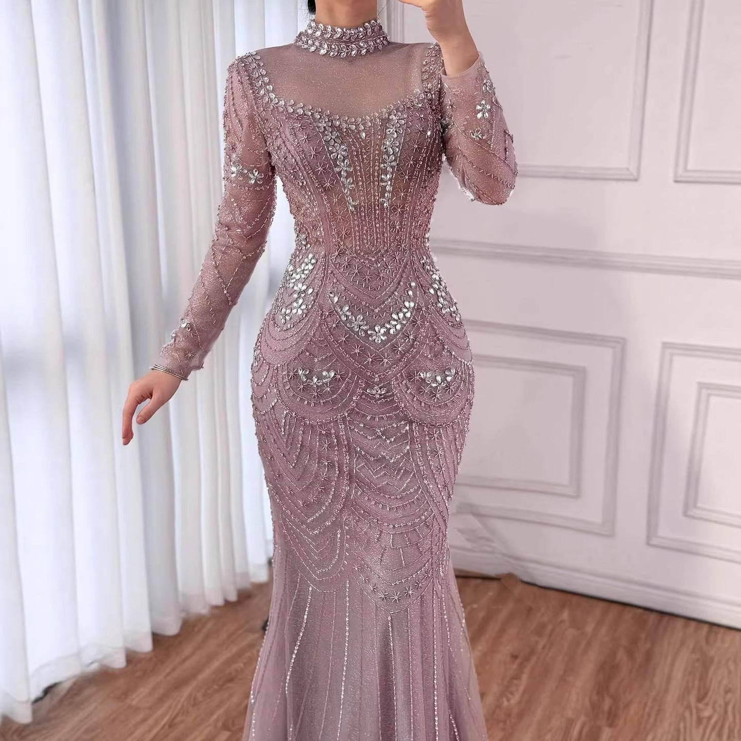 Luxury Nude Modest High Neck Long Sleeves Beaded Mermaid Evening Dress LA73519