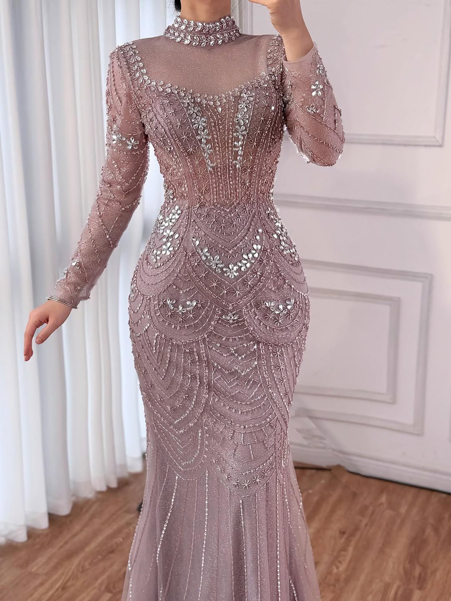 Luxury Nude Modest High Neck Long Sleeves Beaded Mermaid Evening Dress LA73519