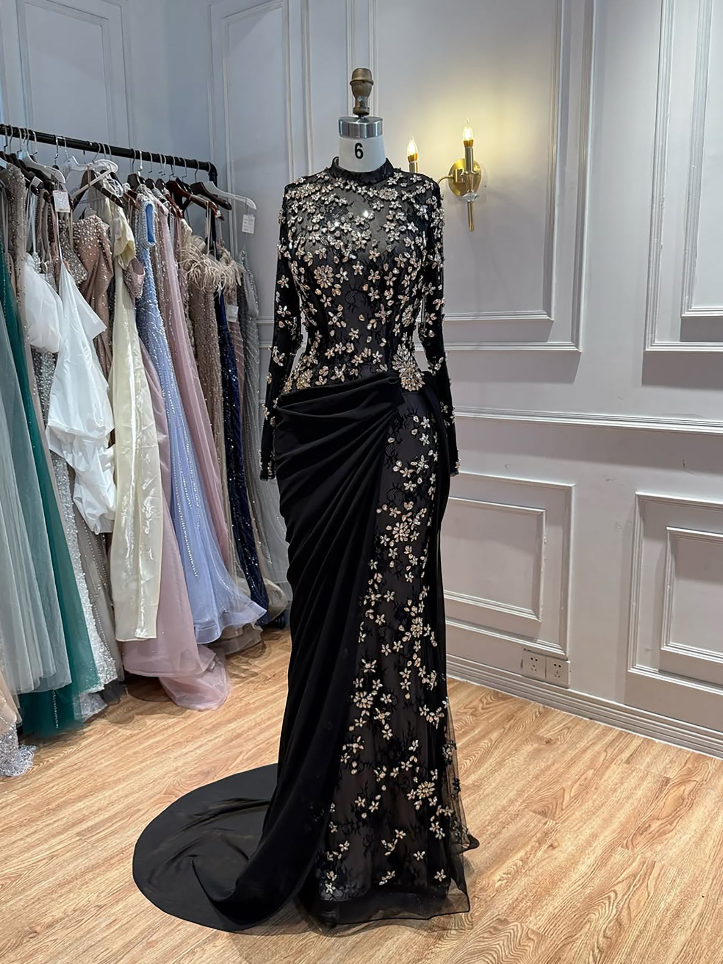 Luxury Arabic Black Modest Long Sleeves Beaded Evening Dress With Chiffon Skirt LA73524 SERENE HILL