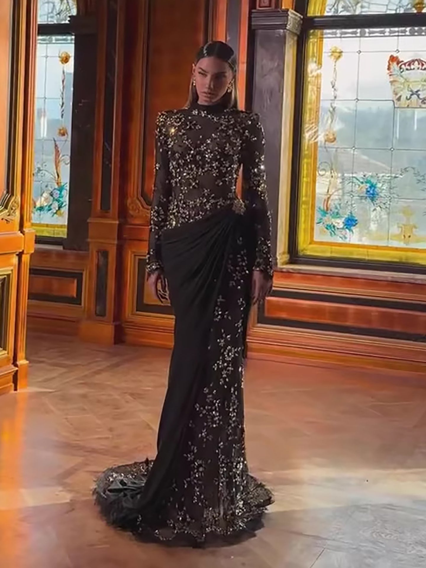 Luxury Arabic Black Modest Long Sleeves Beaded Evening Dress With Chiffon Skirt LA73524 - SERENE HILL