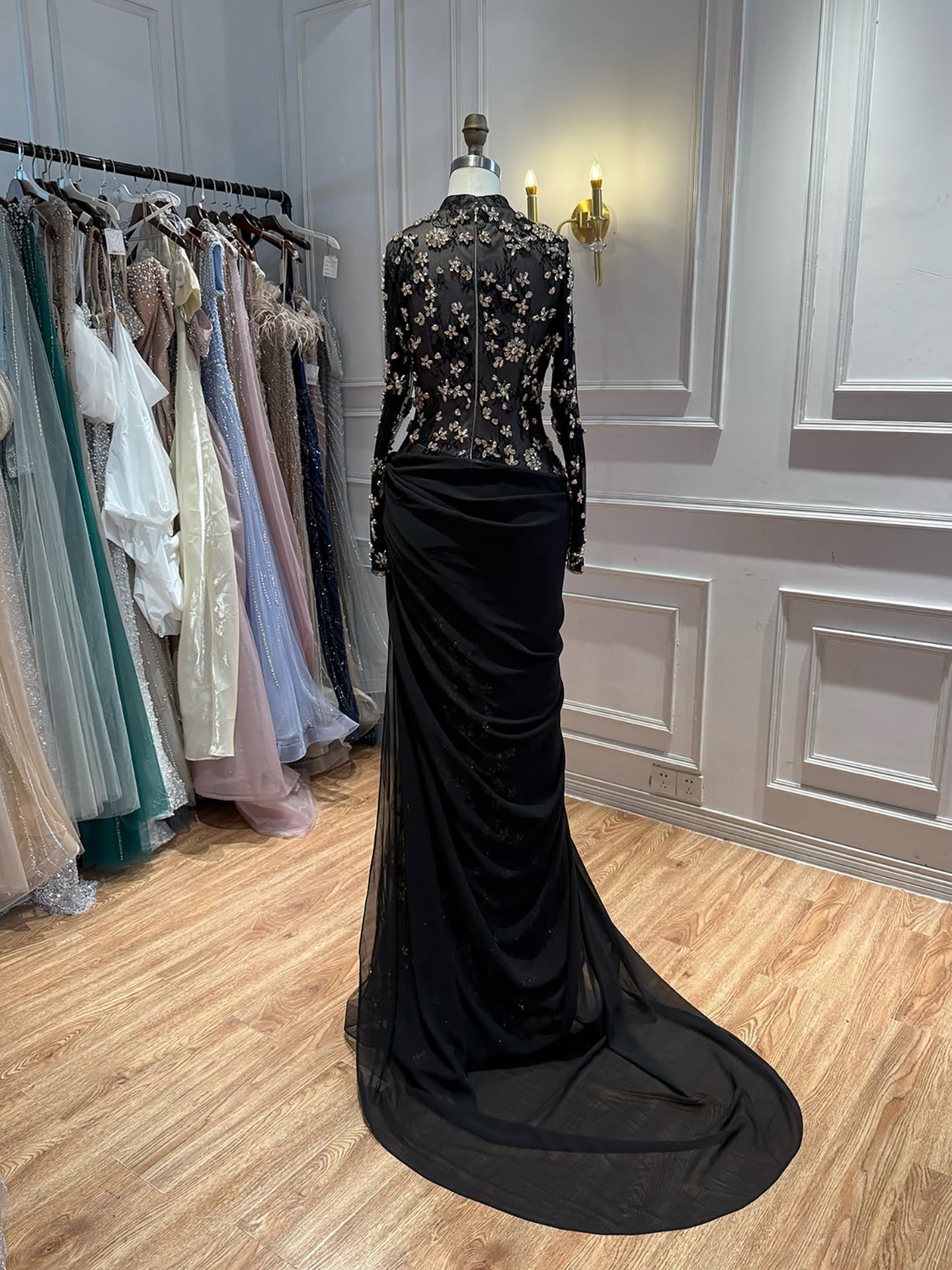 Luxury Arabic Black Modest Long Sleeves Beaded Evening Dress With Chiffon Skirt LA73524 SERENE HILL