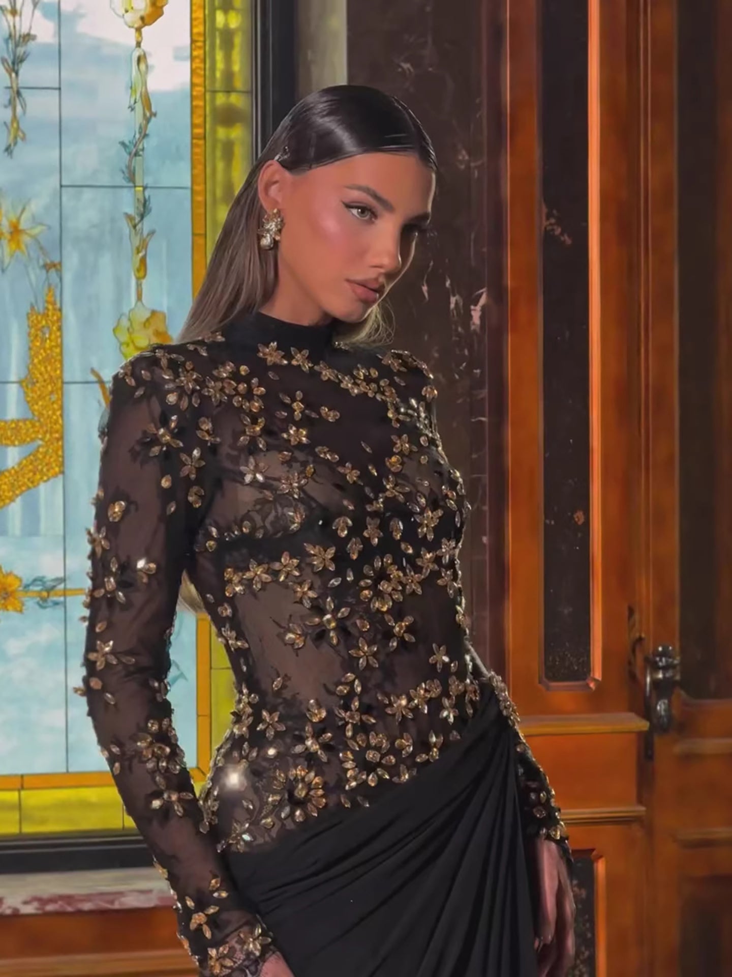 Luxury Arabic Black Modest Long Sleeves Beaded Evening Dress With Chiffon Skirt LA73524 - SERENE HILL