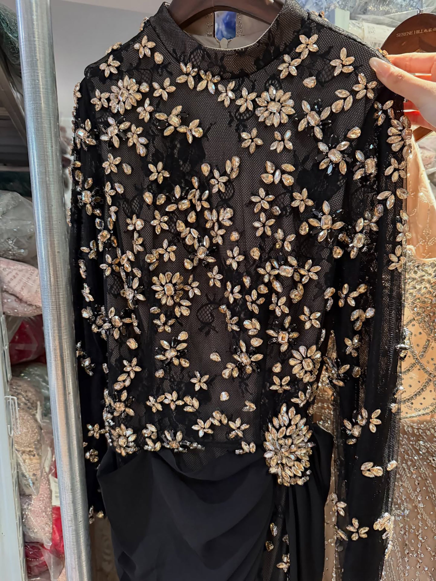 Luxury Arabic Black Modest Long Sleeves Beaded Evening Dress With Chiffon Skirt LA73524 SERENE HILL
