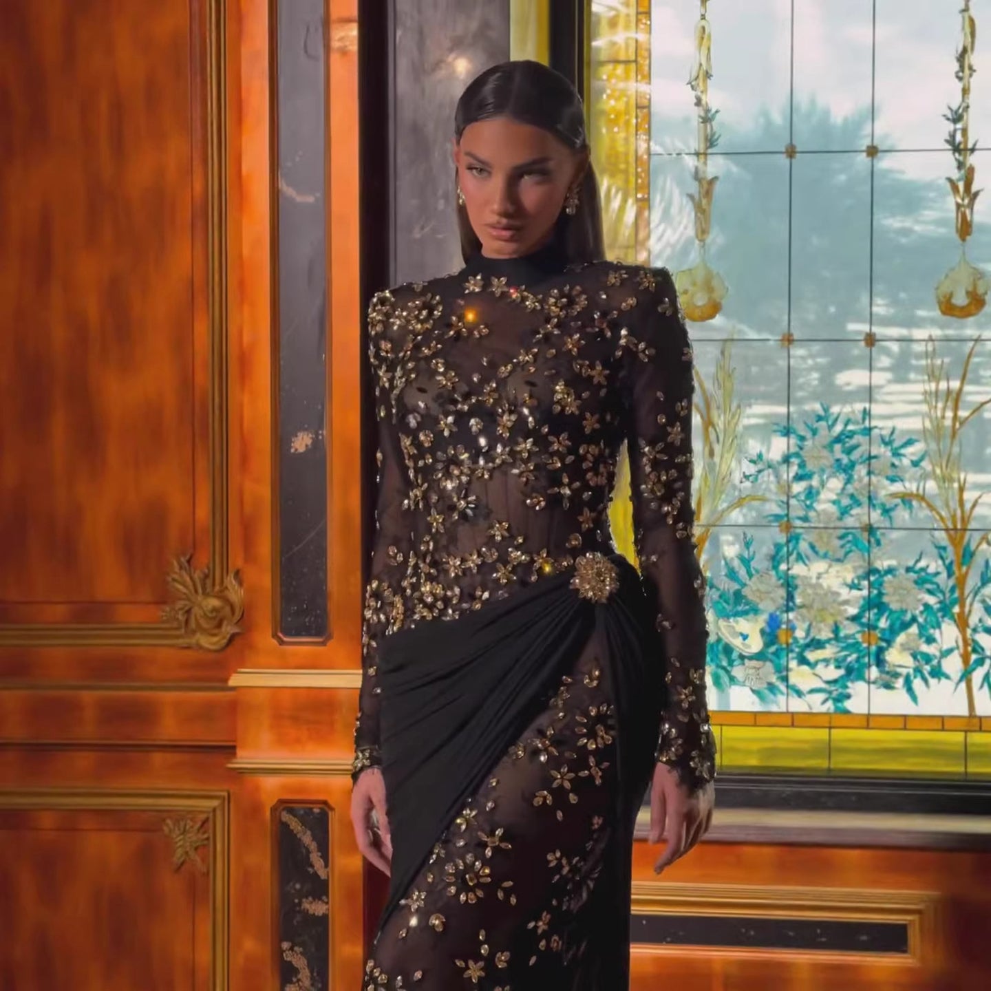 Luxury Arabic Black Modest Long Sleeves Beaded Evening Dress With Chiffon Skirt LA73524 - SERENE HILL