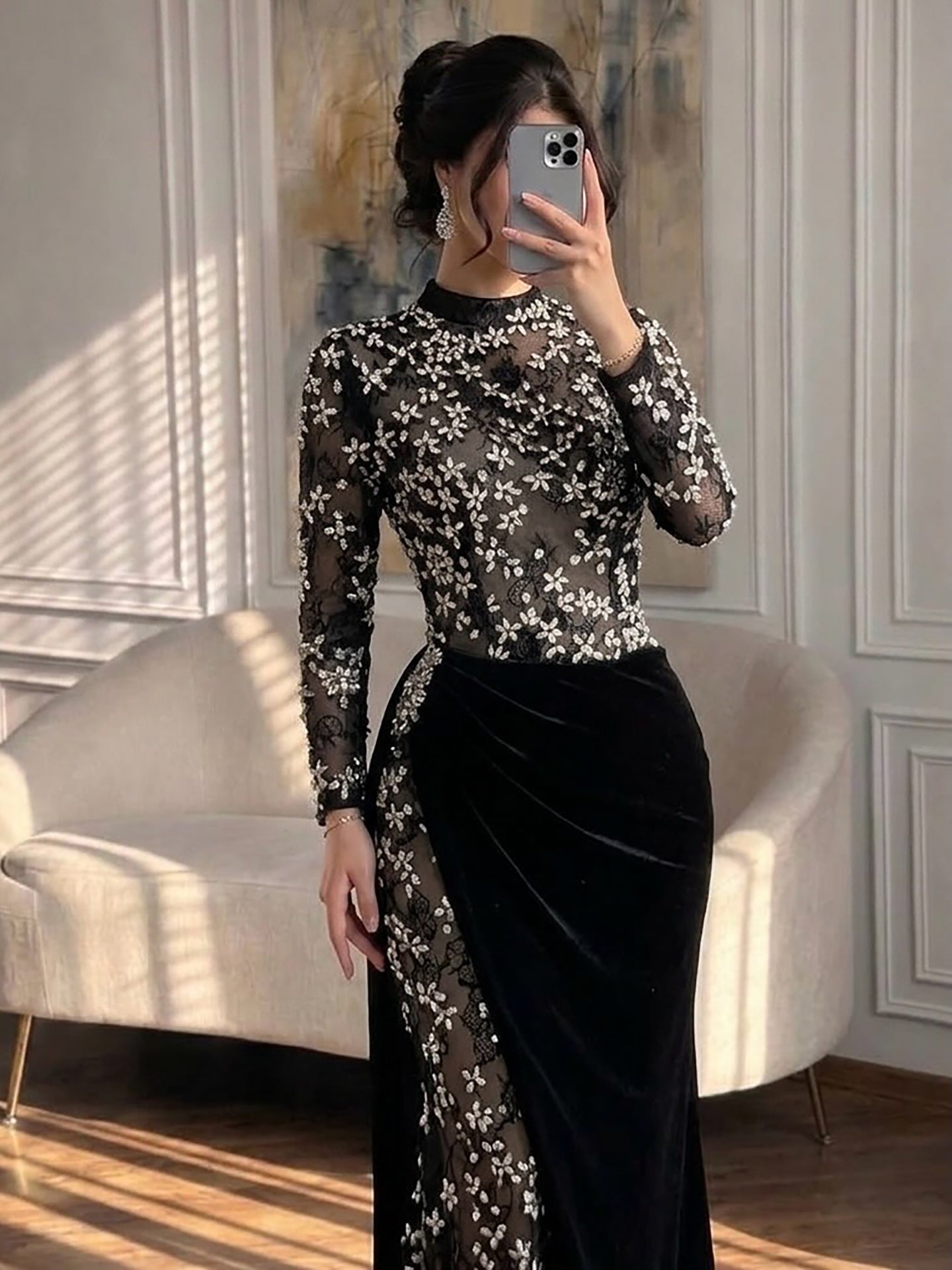 Luxury Arabic Black Modest Long Sleeves Beaded Evening Dress With Chiffon Skirt LA73524