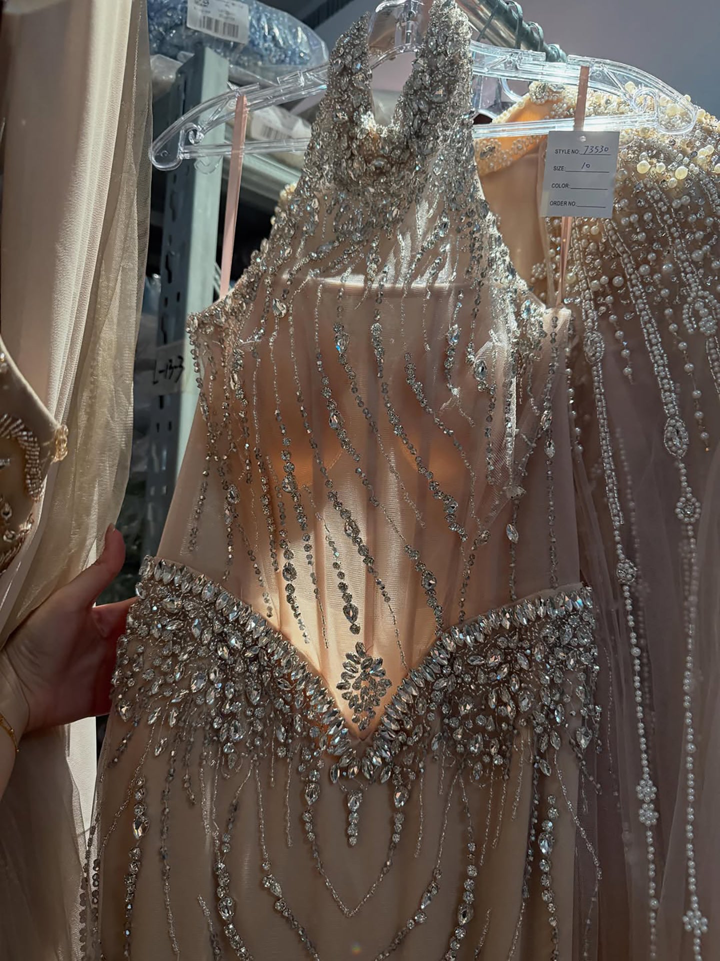 Luxury Nude Crystal Beaded Halter Neck Mermaid Evening Dress with Tulle Overskirt LA73530 SERENE HILL